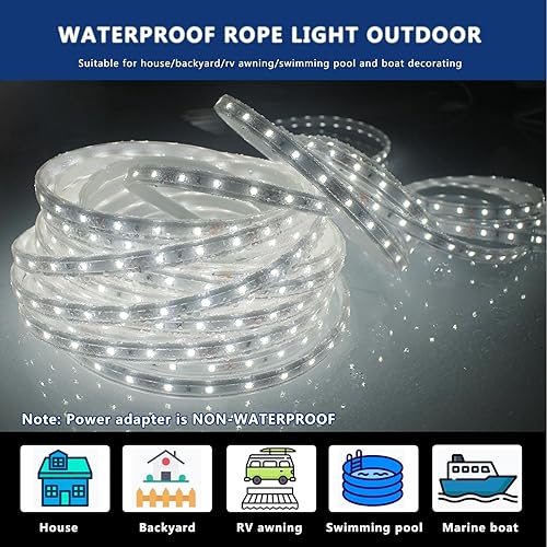 Miniatura 7 de Tira de luces LED para exteriores de 66 pies, impermeable, plana y flexible, tira de luces blancas con atenuación de brillo, tira de luces de 12 V