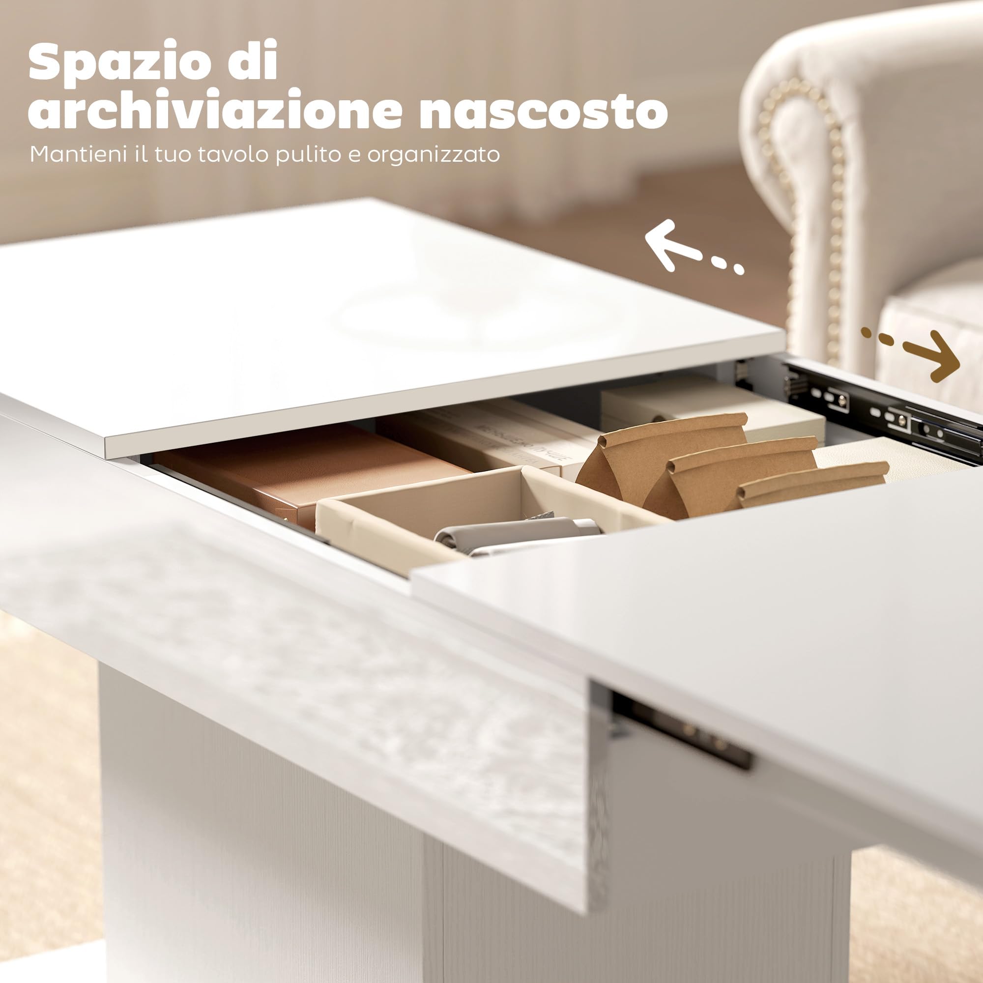 HOMCOM Tavolino da Caffè Estensibile con Vano Contenitore, Tavolino Salotto Allungabile Moderno con Piedini Antiscivolo, Tavolo Soggiorno per Casa Ufficio, 108-178.5x53x49 cm, Bianco Lucido