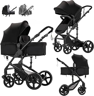 2 in 1 Baby Stroller, Convertible Pram, Reversible Standard Baby Stroller, Portable Baby Buggy, Infant Carriage, Foldable High Landscape Pushchair for Toddler Newborn (2US588-BLACK)