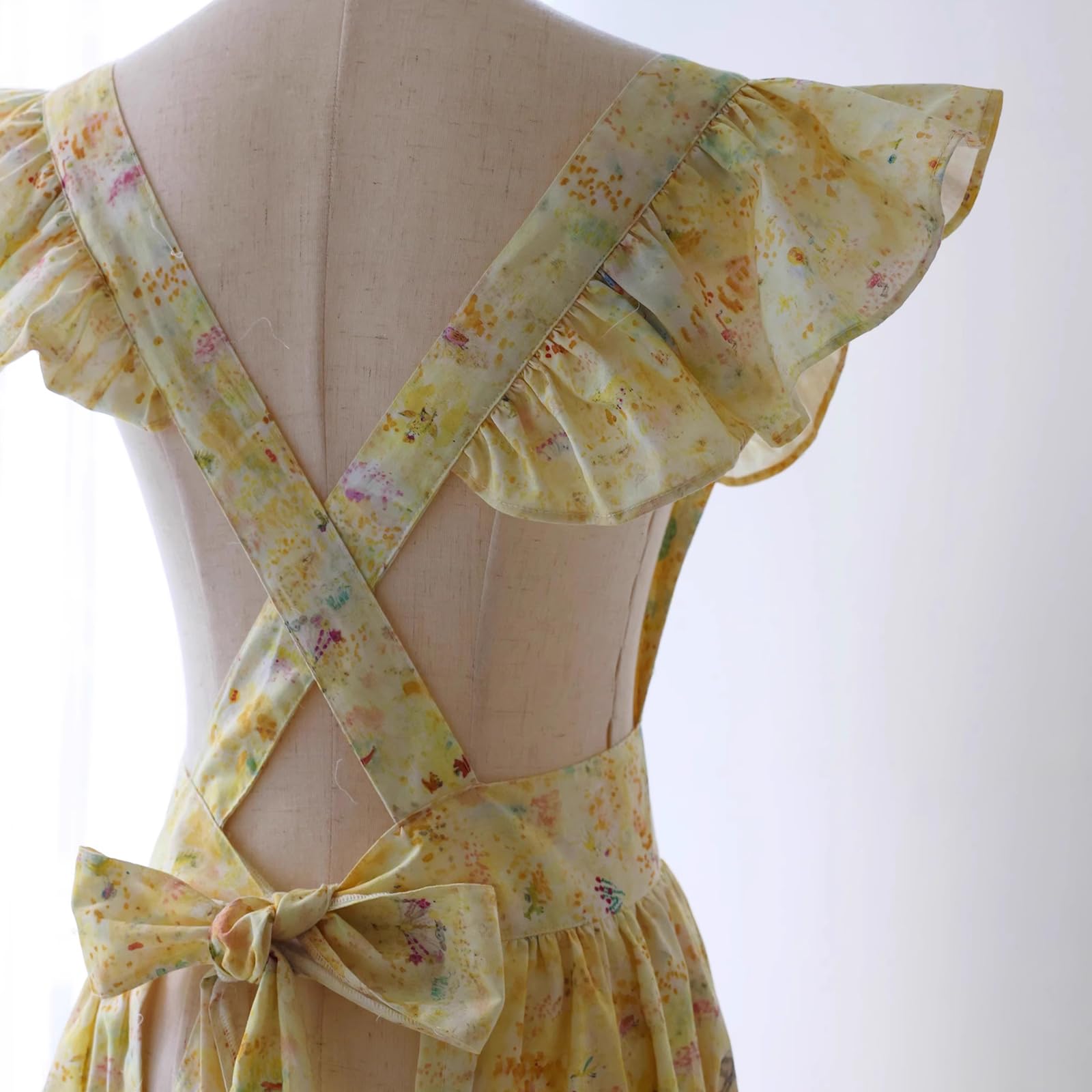 Damski Fartuch Kuchenny, Bawełniany Lniany Fartuch Dla Kobiet, Frilly Vintage Fartuszek RegulowanyYellow,One Size