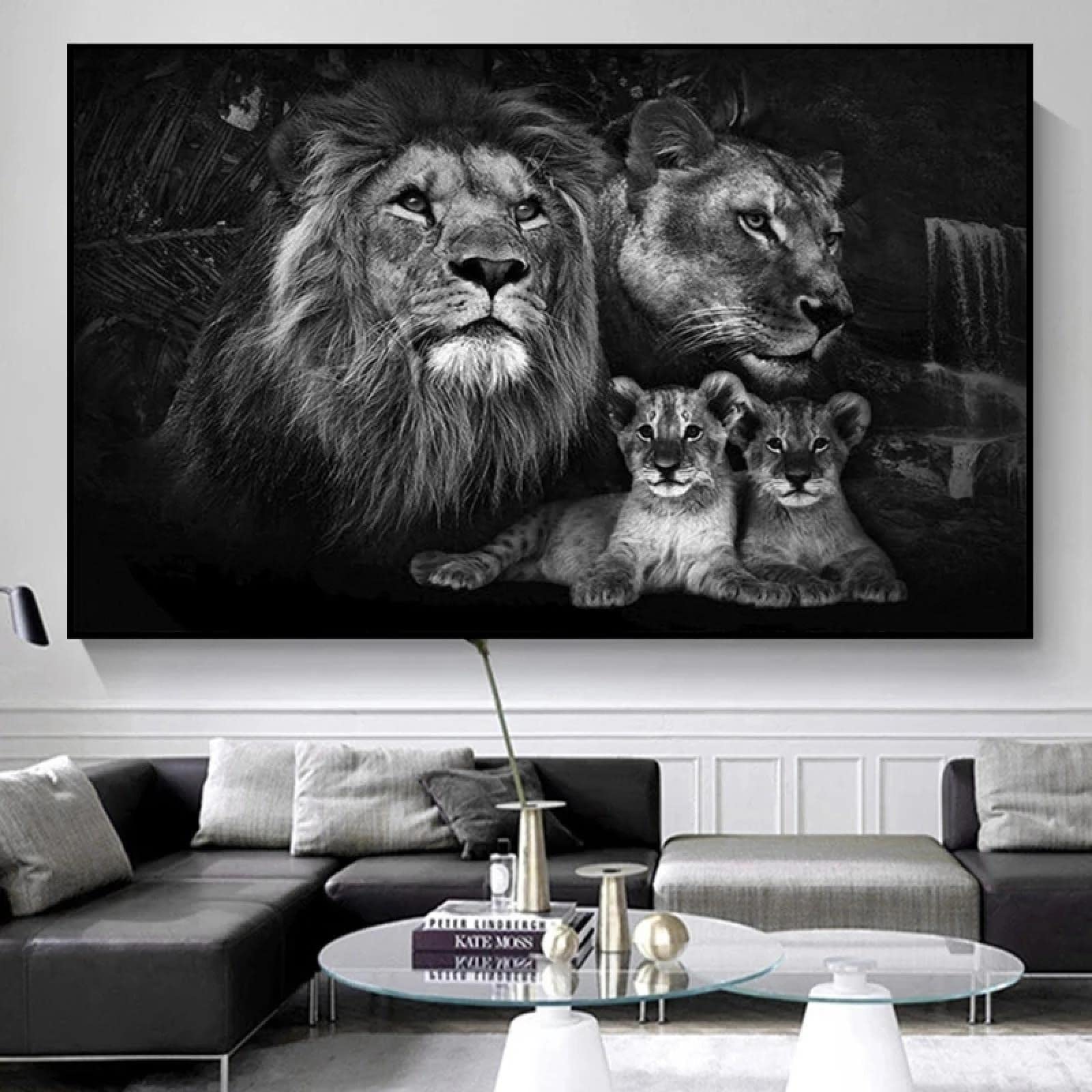Wydruk na płótnie czarno-białe zwierzę grafika dziecko lew rodzina plakat sztuka ścienna obraz do zoo dekoracja wiszący obraz 60 x 90 cm rama wewnętrzna