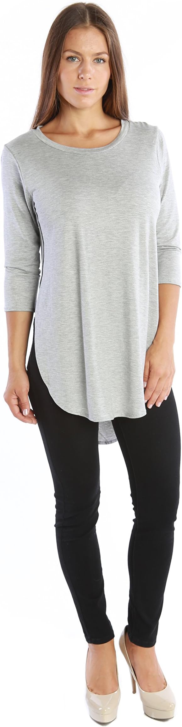 3/4 Sleeve Cute Casual Fashion Tunic Flowy Gray Top w/Shirt Tail Side Slit - Medium
