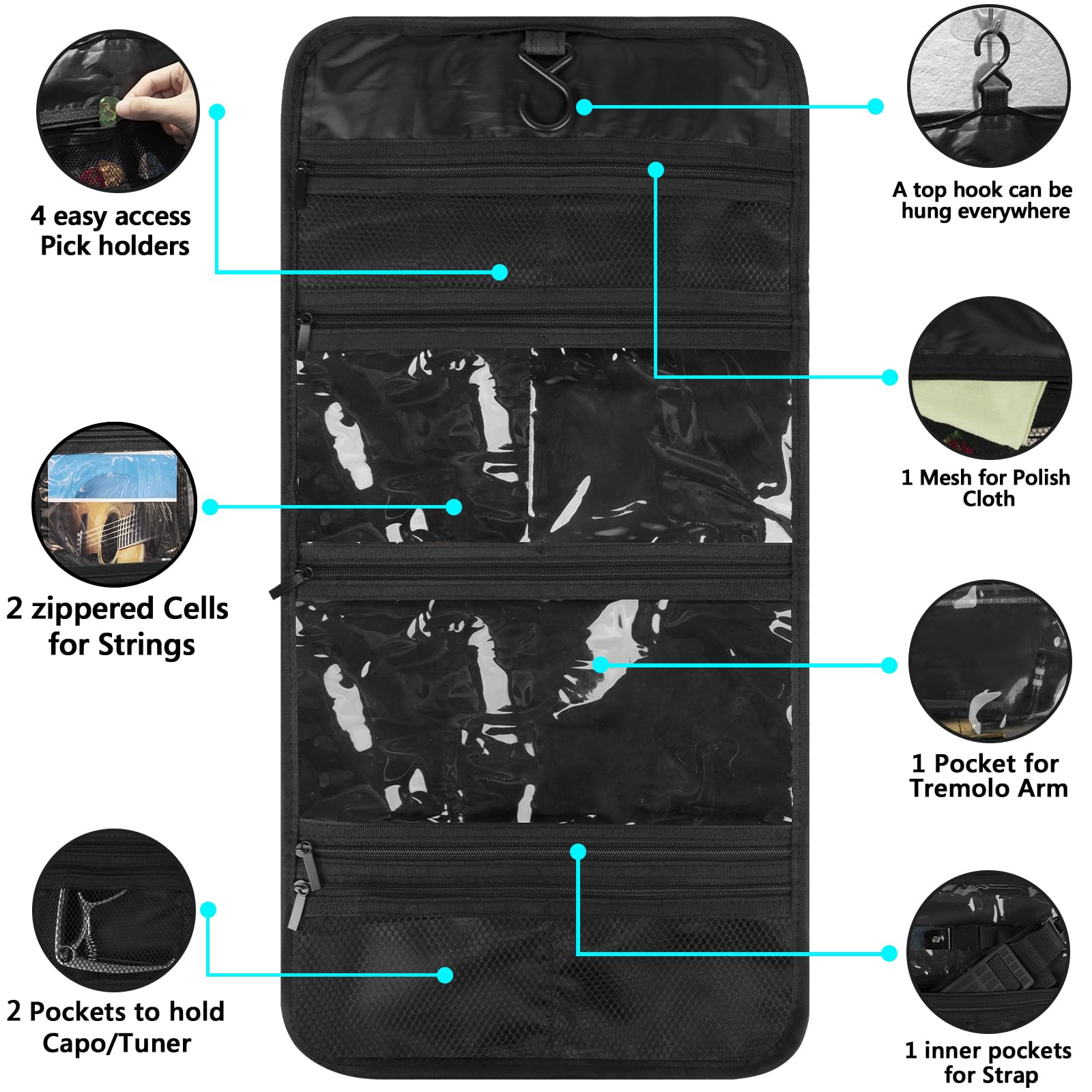GEEKRIA Organiseur d’Accessoires de Guitare, Porte Médiators/Capodastre/Accordeur, Sac Portable Pliable, pour Voyage, Housse de Guitare, Organisation Maison (Gris Foncé)