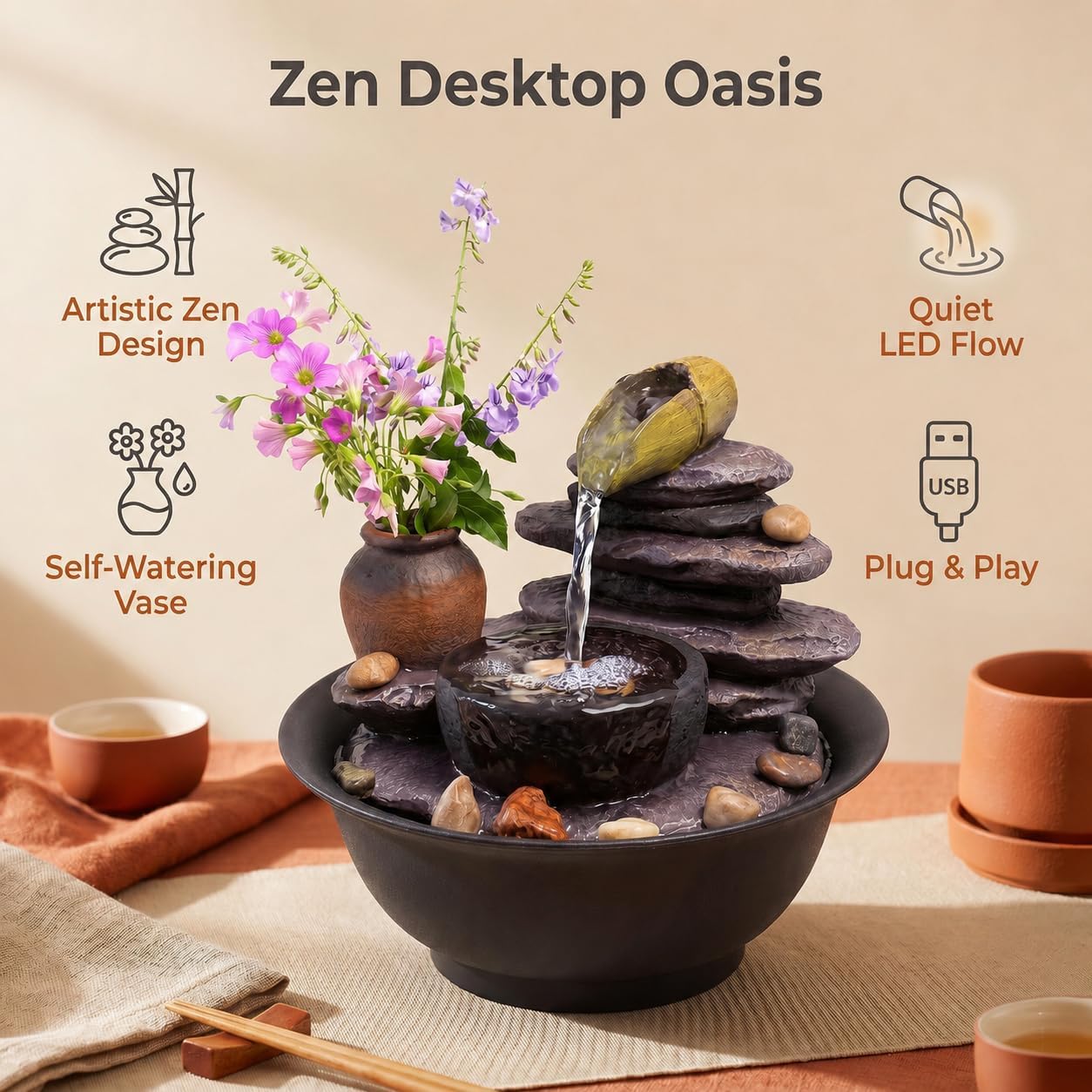 BYVBLETZ Tabletop Water Fountain with DIY Self-Watering Bud Vase, Zen Indoor Desktop Waterfall Fountain with White LED, Quiet Resin Small Fountain for Office, Home, Tea Room & Meditation Decor 7.9" H