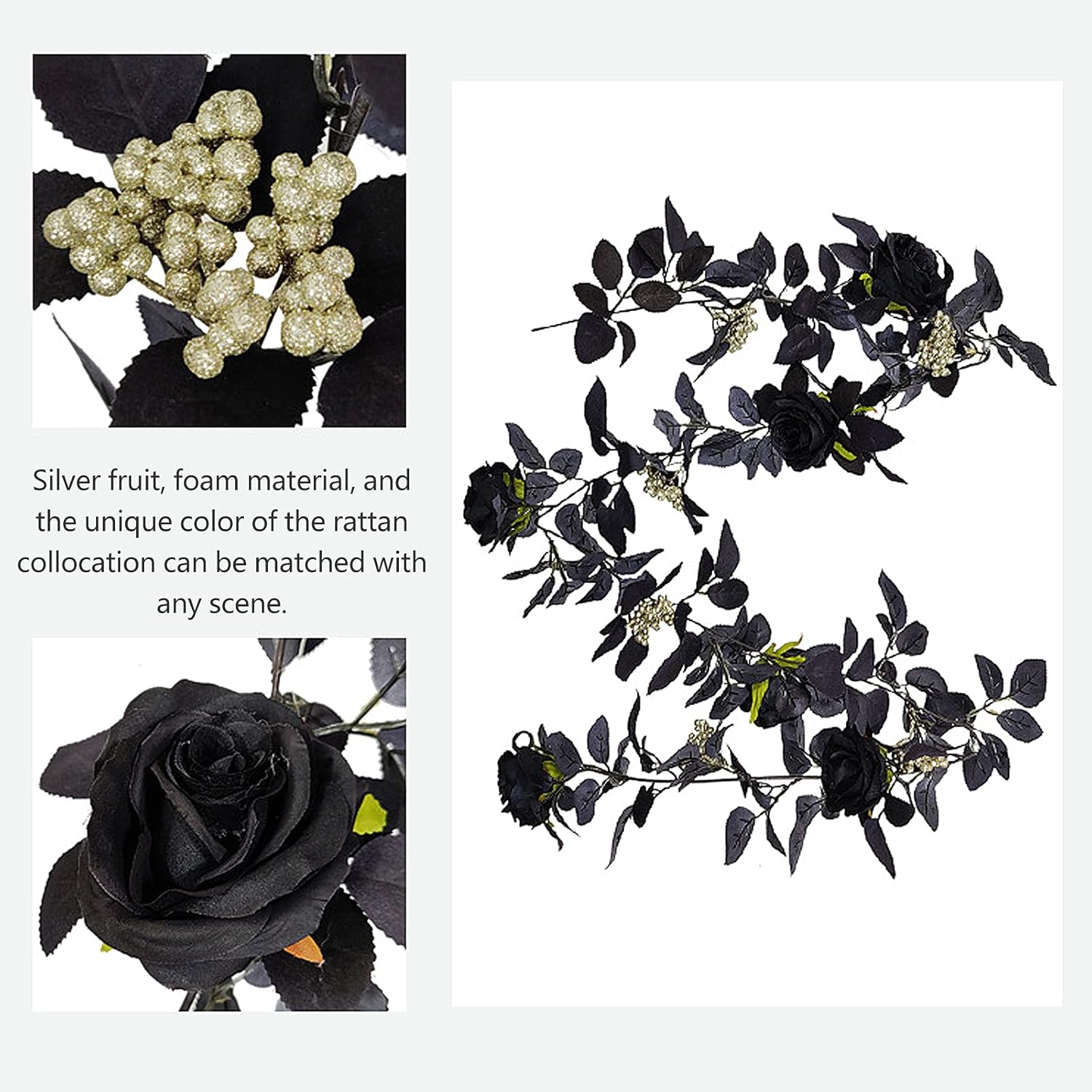 Flueyer 70.9inch Halloween Red/Black Rose Vine Ornaments, Black Maple Leaf Garland with Golden Berries Artificial Rose Vine Hanging Flower Garland for Thanksgiving Halloween Decor Party Supplies