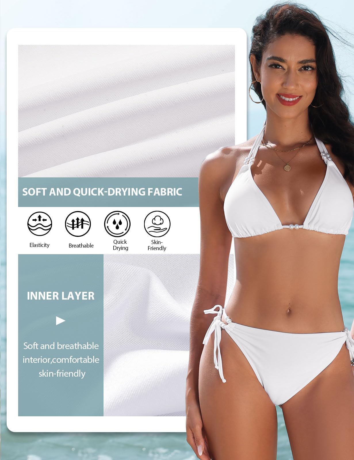 CMTOP Bikini Damen Set Neckholder Triangel Bikini Badeanzüge String Bikini Verstellbare Schnürung Hohe Taille Kordelzug Bikinihose Sexy Swimsuit Zweiteiliger Badeanzug mit Perlen