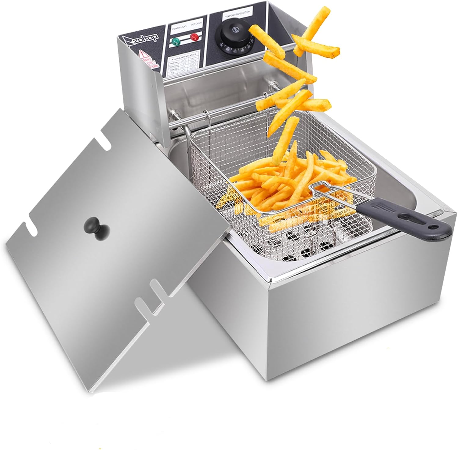 6.3QT Electric Deep Fryer w/Basket & Lid, Countertop Kitchen Frying Machine, Temperature Adjustable Stainless Steel French Fryer for French Fries Donuts Onion Rings