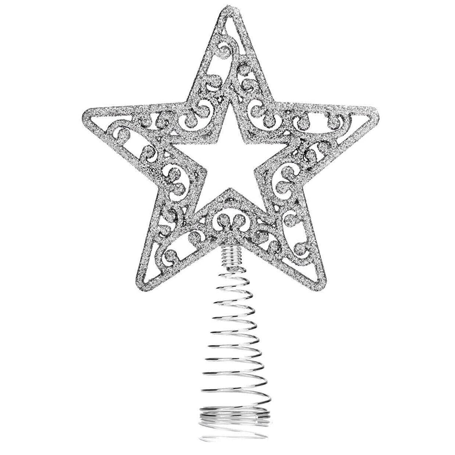 Akh Silver Akh® Christmas Tree Topper Star | 19Cm Size | Glittered Metal Christmas Tree Topper |Glitter Xmas Trees Top Decoration |Christmas Tree Top Star |For Christmas Decoration |Xmas Treetop Ornaments