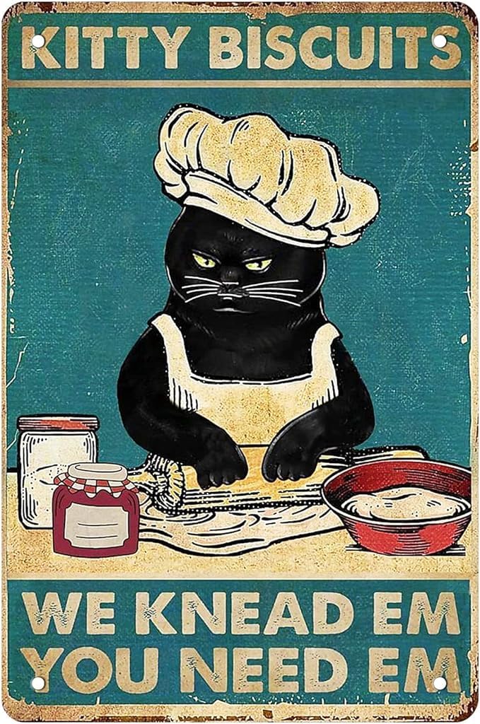 rayprint Black Cat Decor Kitchen Wall Art Metal Tin Sign - Kitty Biscuits We Knead Em You Need Em - 8X12 Inch