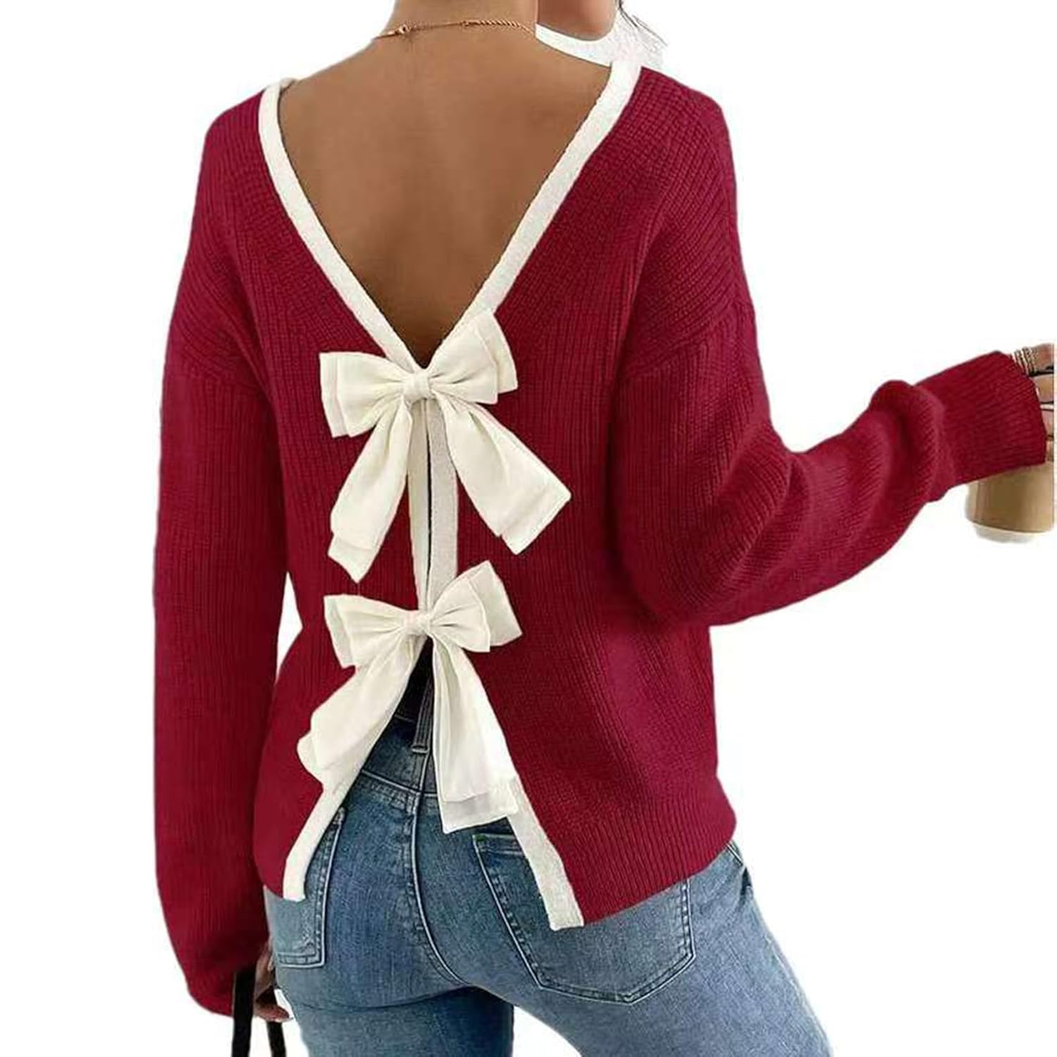 Retro Bow-Knot Sweater for Women 2025 Long Sleeve Crew Neck Pullover Top