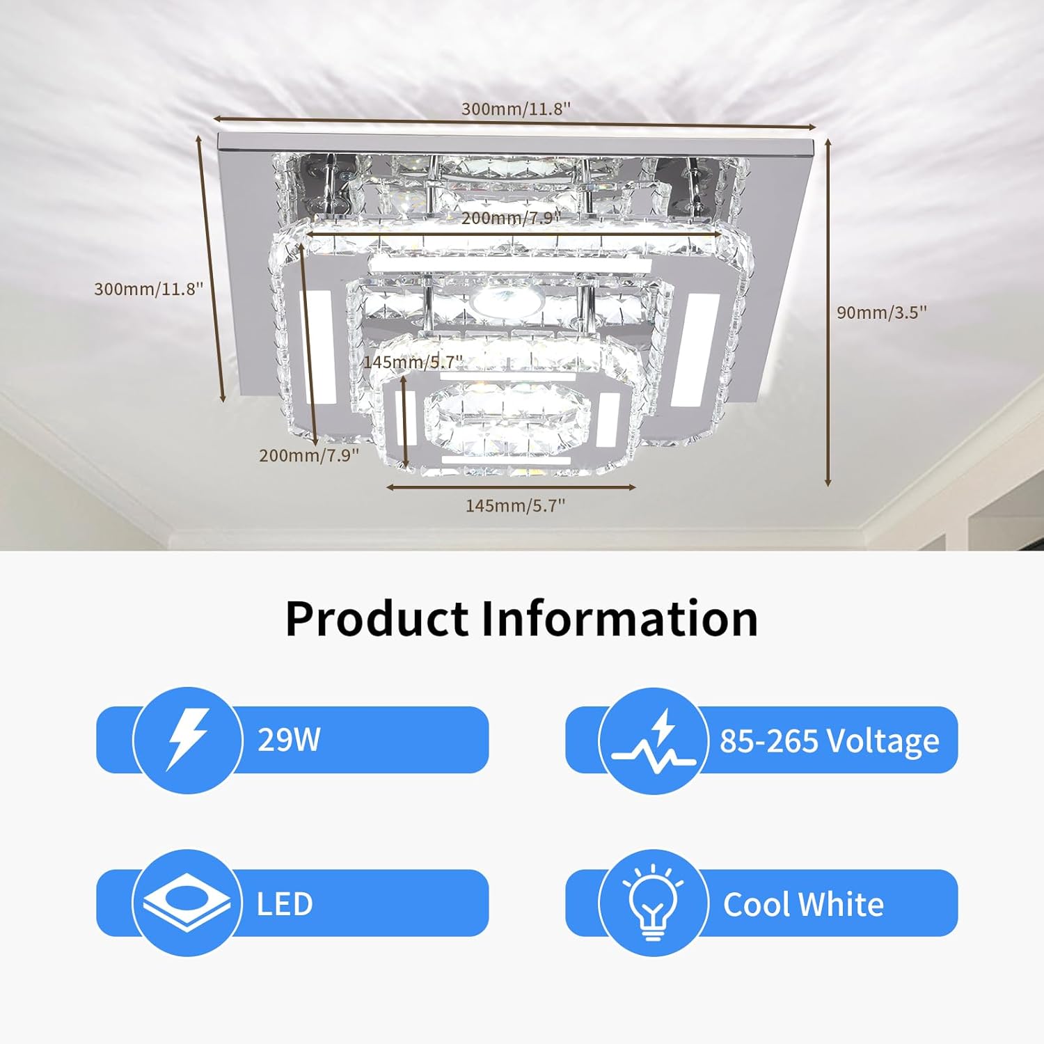 FRIXCHUR Crystal Chandelier LED Crystal Ceiling Light 2 Layers 12 inch Flush Mount Ceiling Light Modern Chandeliers Lighting for Bedroom Hallway Staircase Kitchen Closet (Cool White)