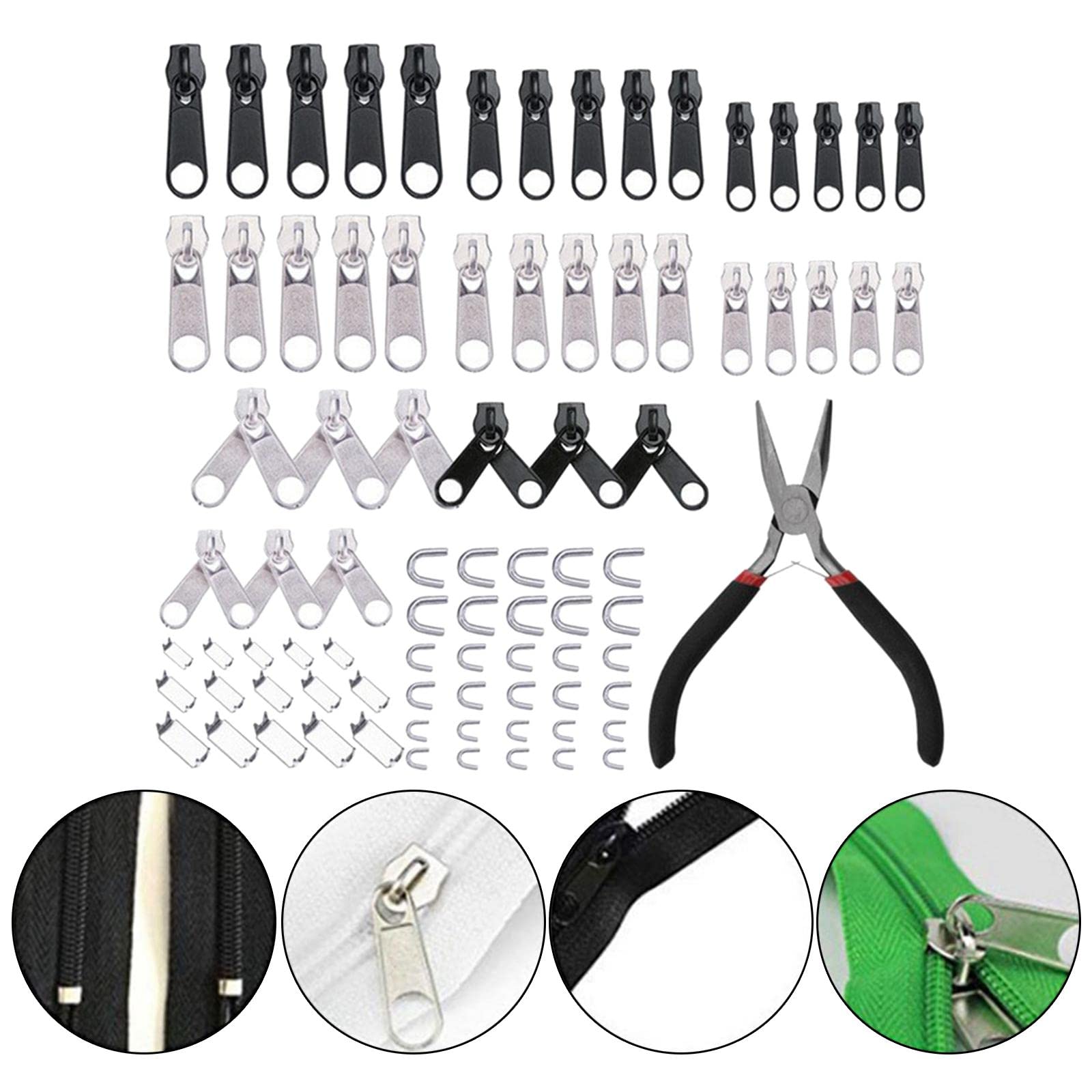 Kit de reparación de cremallera con alicates de instalación de cremallera para jeans, chaquetas, mochilas, 85 piezas, 85 piezas