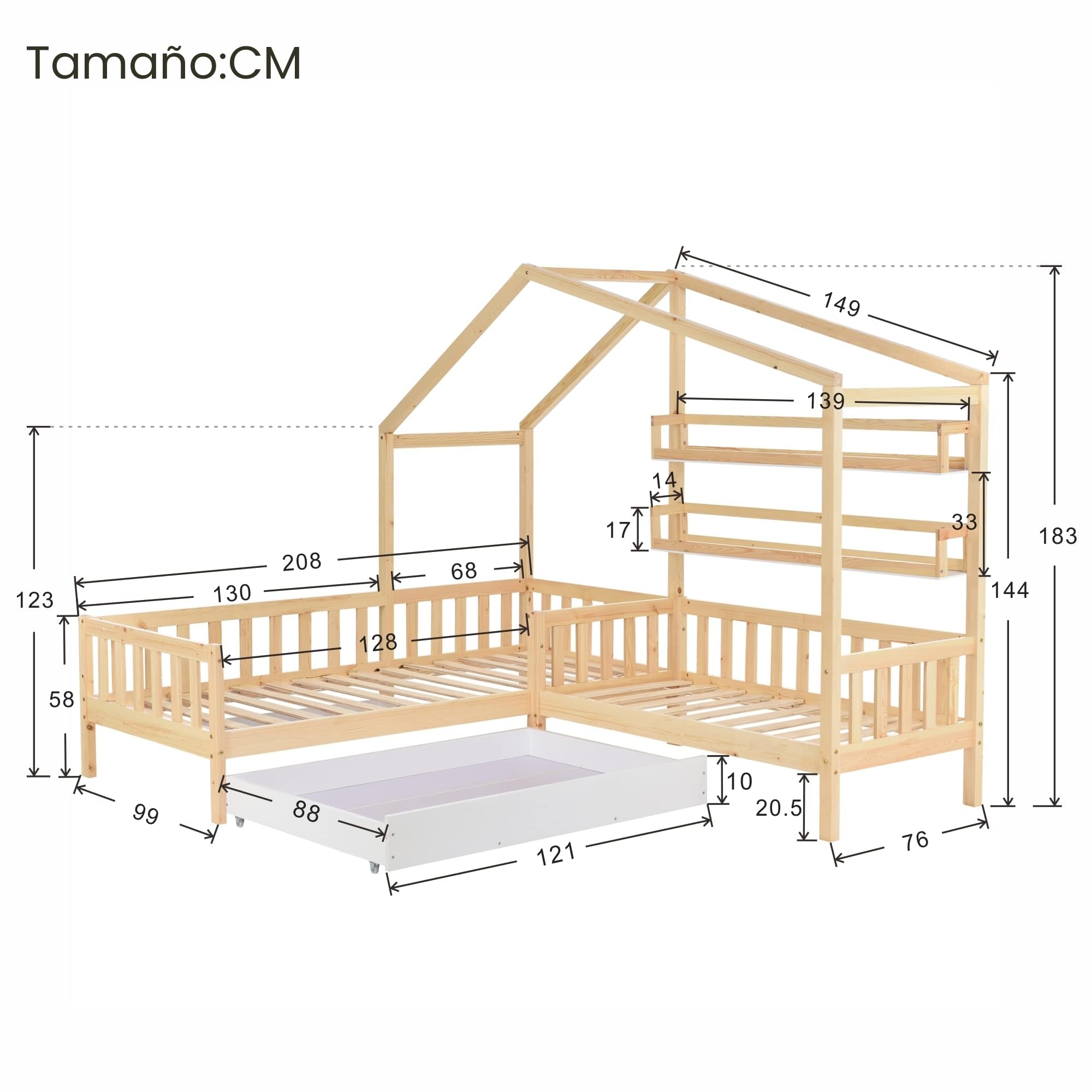 Merax Cama de casa con cajones y estantes, Cama Infantil de 90 x 200 cm y 140 x 70 cm, Madera Maciza con Valla y somier, Estructura en L, para 2 niños, Cama Doble, Color Natural