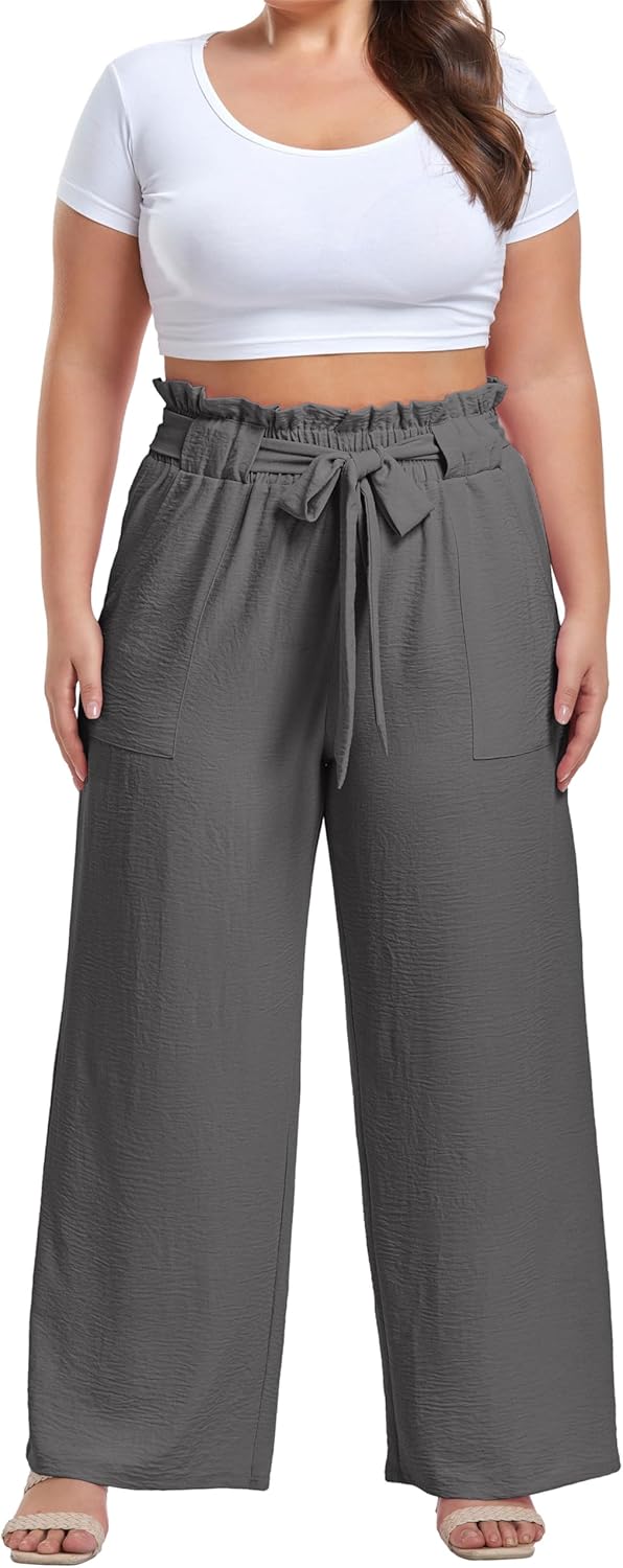 OLRIK Women's Plus Size Pants Adjustable High Waist Wide Leg Palazzo Casual Trousers with Pockets Spring Clothes - Image 4