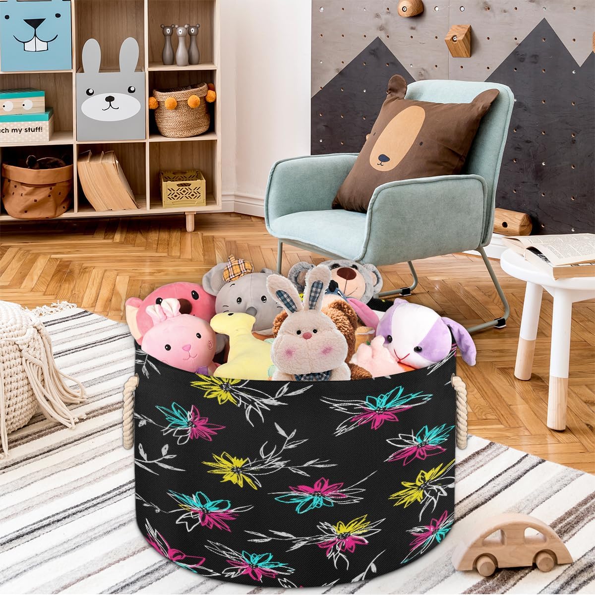Large Storage Baskets - Neon Retro Floral Nursery Round Collapsible Organizer Bin Box, Laundry Hamper for Kids Toys, Blanket, Bedroom Living Room Home Decor, Gift Basket, 19.4"x13.3"