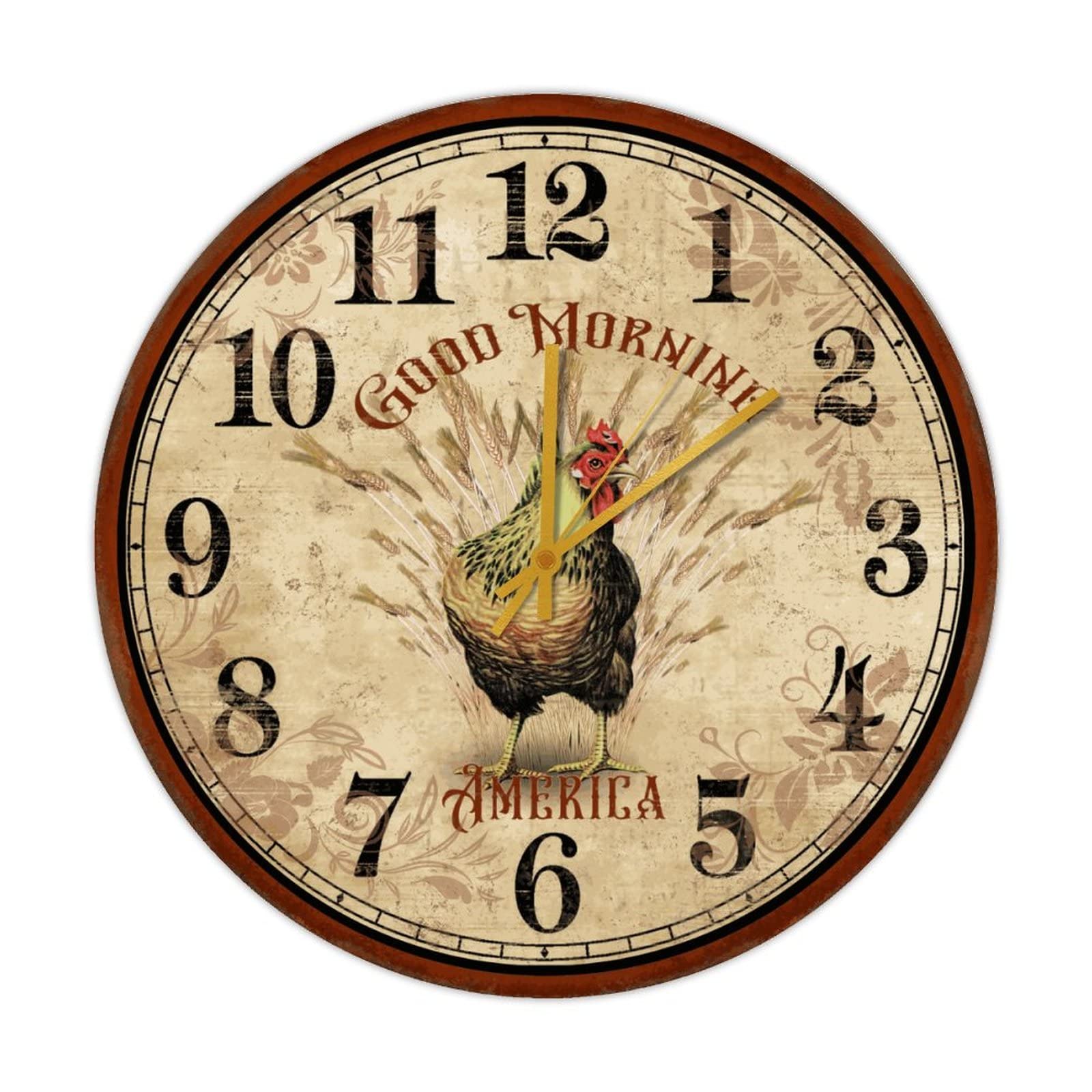 Horloge ronde en bois coq du matin rétro pour cuisine et salon
