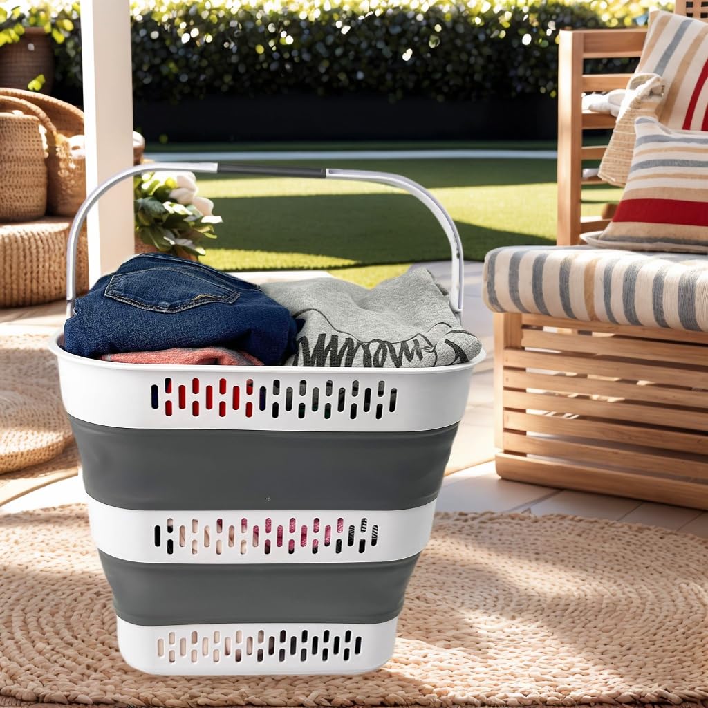 SAMMART 40L Zusammenklappbarer Wäschekorb aus Kunststoff mit Griffen – faltbarer Pop-Up-Aufbewahrungsbehälter/Organizer – tragbarer Wäschesammler – platzsparend (1, Weiß/Stahlgrau)