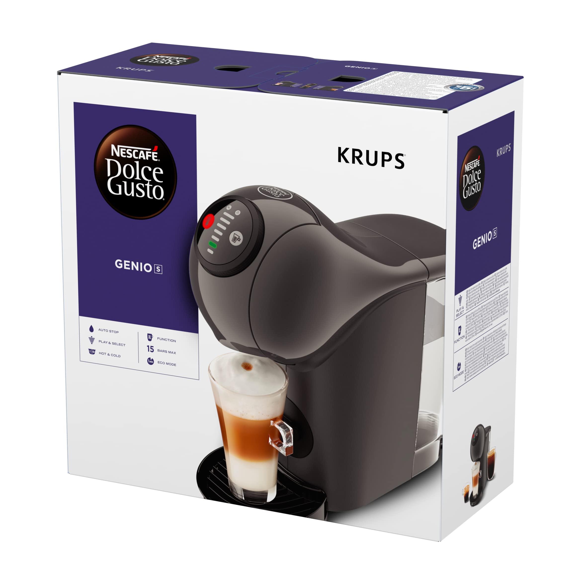 Krups Nescafé Dolce Gusto Machine à café capsule, Pression 15 bars, Tailles des boissons ajustables, Expresso parfait, Arrêt automatique, Compact, Genio S, Anthracite KP240B10