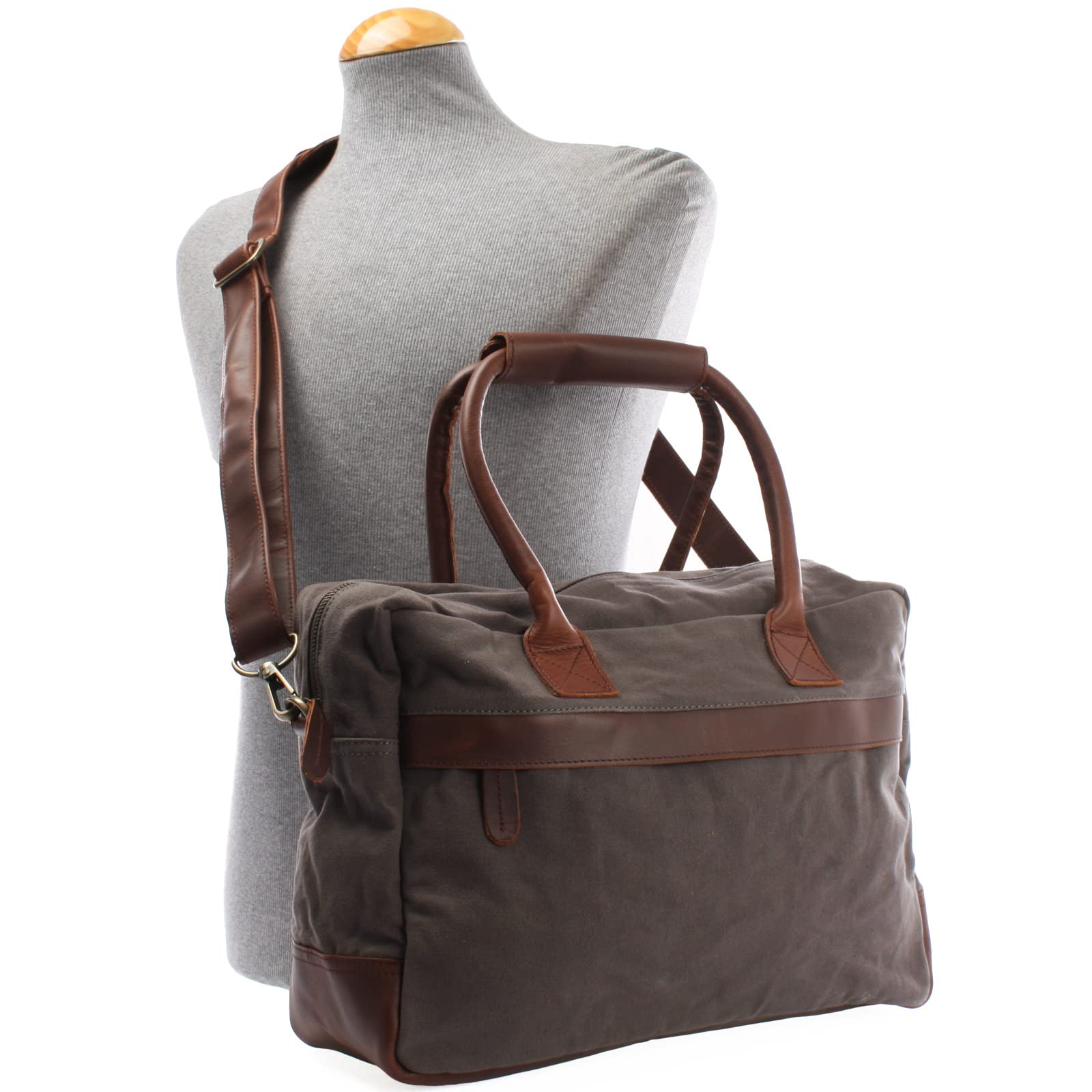 LECONI Kleiner Weekender aus Rinds-Leder & Canvas im Vintage-Look Handgepäck XL Shopper Bürotasche für Damen + Herren Arbeitstasche DIN A4 Schultasche Unitasche 40x30x15cm grau LE2007-C