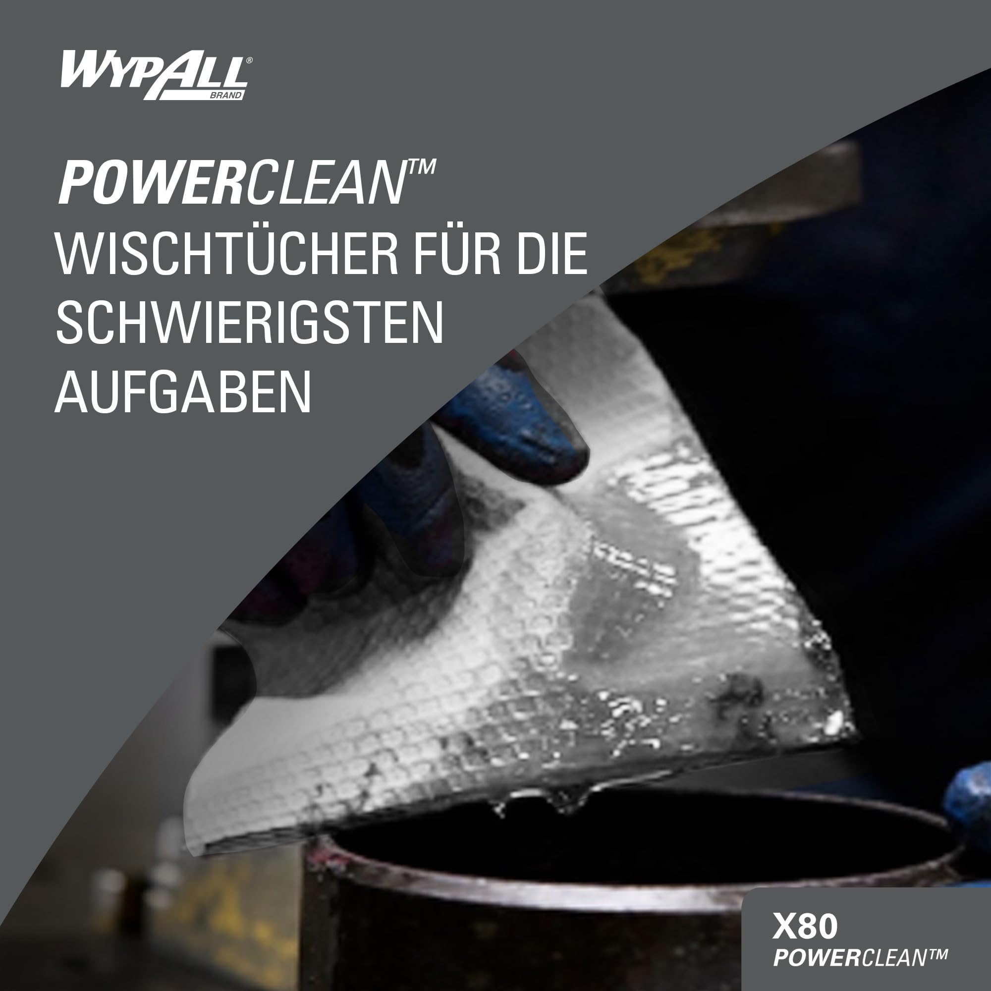 WypAll X80 Power Clean Tücher, 1-lagige, industrielle Reinigungstücher mit Hydroknit-Technologie, wiederverwendbar, auf rauen Oberflächen geeignet, 1 Großrolle x 455 Wischtücher, Artikel-Nr. 8377