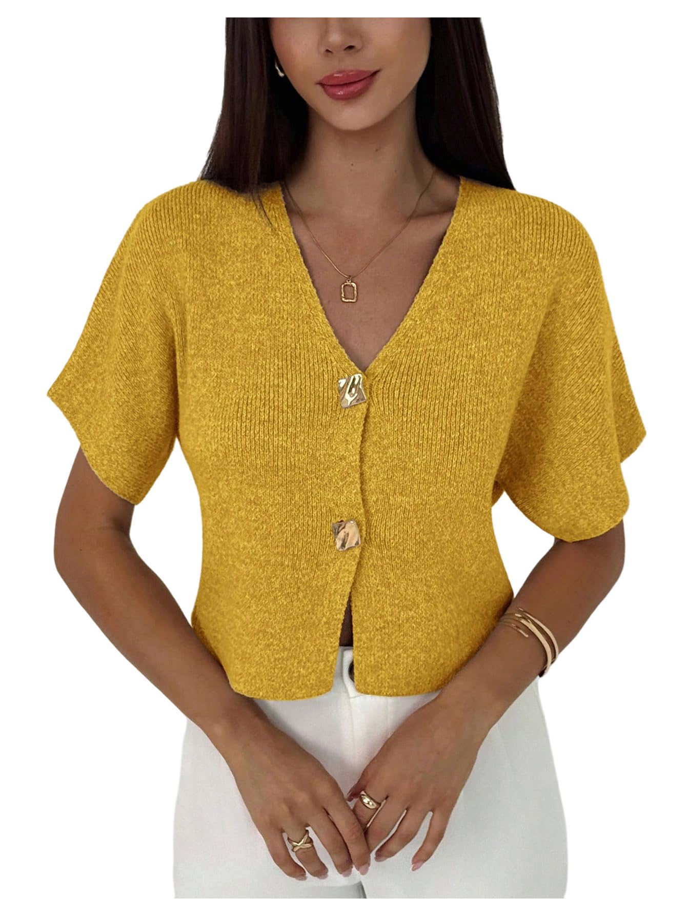 Womens Button Up Cardigan Sweater Short Sleeve V Neck Knitwear Tops