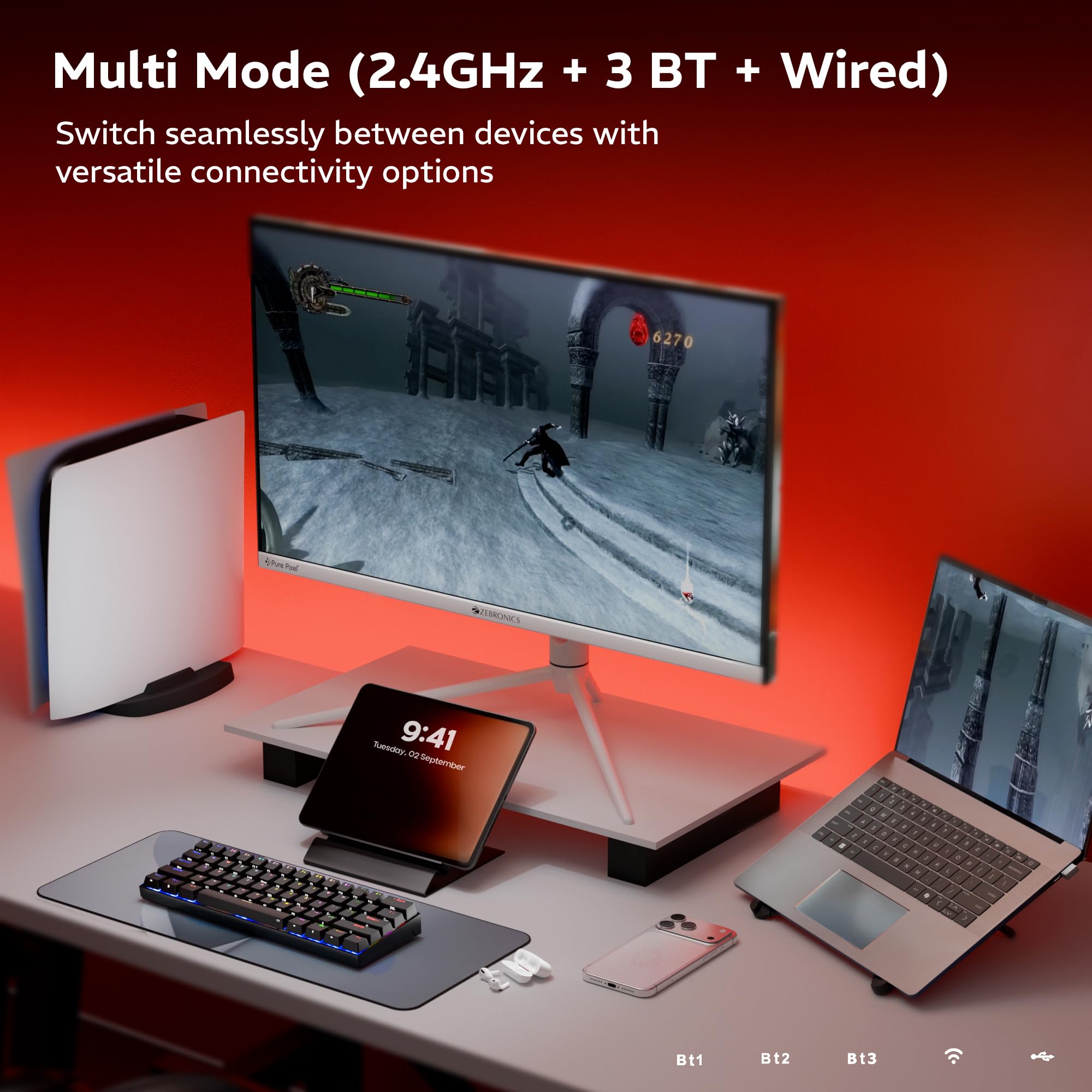 Zebronics Max Ninja 61W Mechanical Keyboard, 60% Compact Layout, Tri-Mode Rechargeable, N-Key Rollover, Linear Red Switches, 1000Hz Polling Rate, 61 Keys, Software Support, Win & Mac Support — Amazon image 3