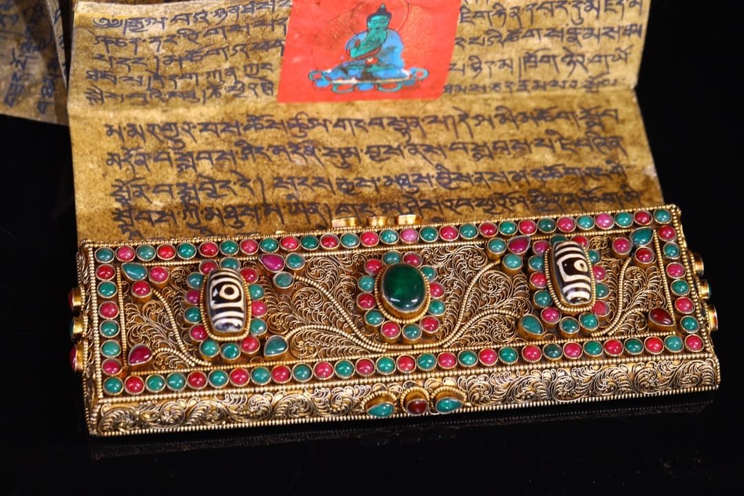 9"Tibetan Temple Collection Old Scriptures Tibetan Silver Filigree Mosaic Gem gZi Beads Scriptures Worship Hall Town house