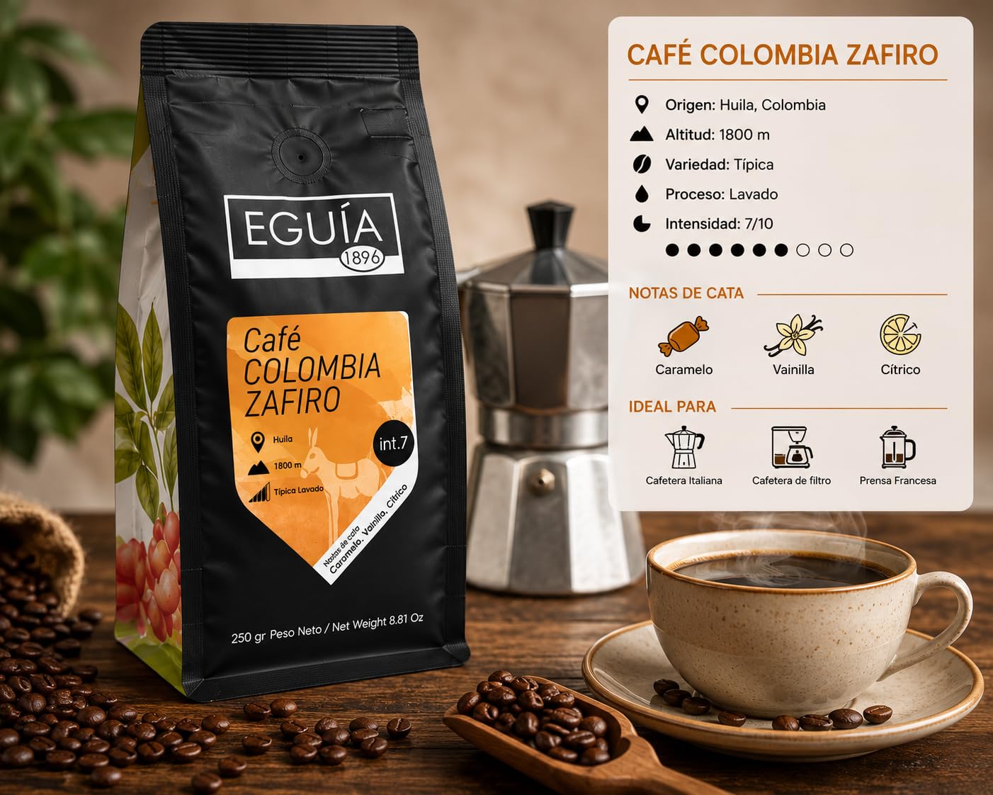 EGUIA Cafe en Grano Natural 100% Arabica - Pack Degustacion Espresso 4x250g - Cafes de Etiopia, Colombia, Guatemala y Brasil - Tueste Medio Gourmet Premium
