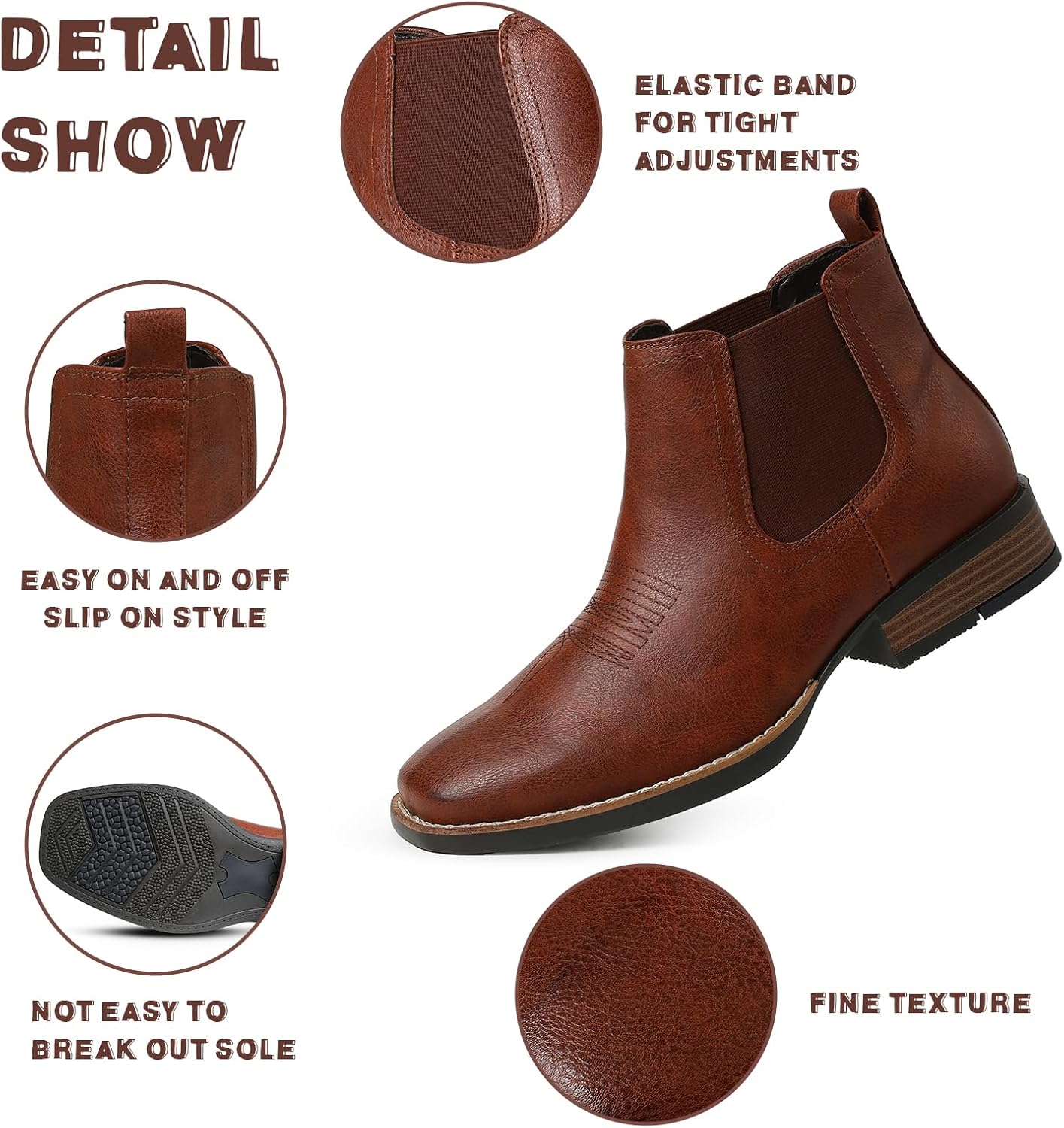 femflame Cowboy Boots for Men Square Toe Chelsea Boots Waterproof Classic Elastic Slip on Chukka Ankle Boots Casual… - Image 4