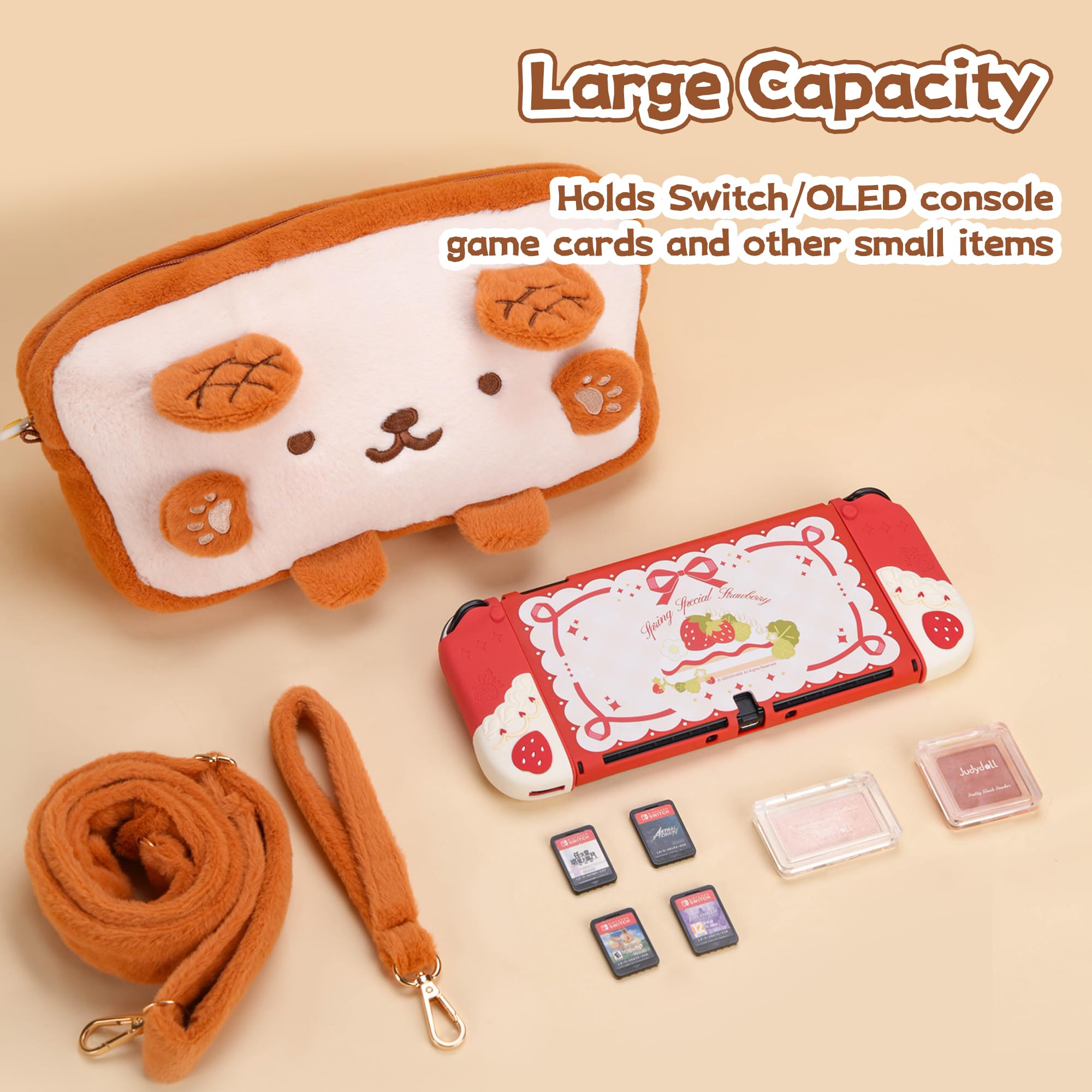 GeekShare Toast - Borsa in peluche compatibile con Switch/OLED, borsa da viaggio di grande capacità, con traccia, adatta per console Switch e accessori di gioco, Marrone, Carino