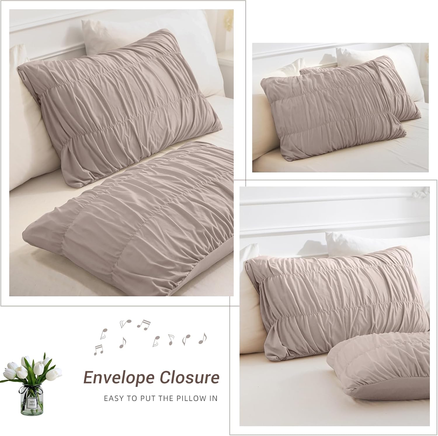 Lady Ann King Bed Comforter Set Camel Ruched King Boho Bedding Comforter Set 104x90 for Bedroom Ultra Soft & Luxurious 3 Piece Fluffy Bed Sets