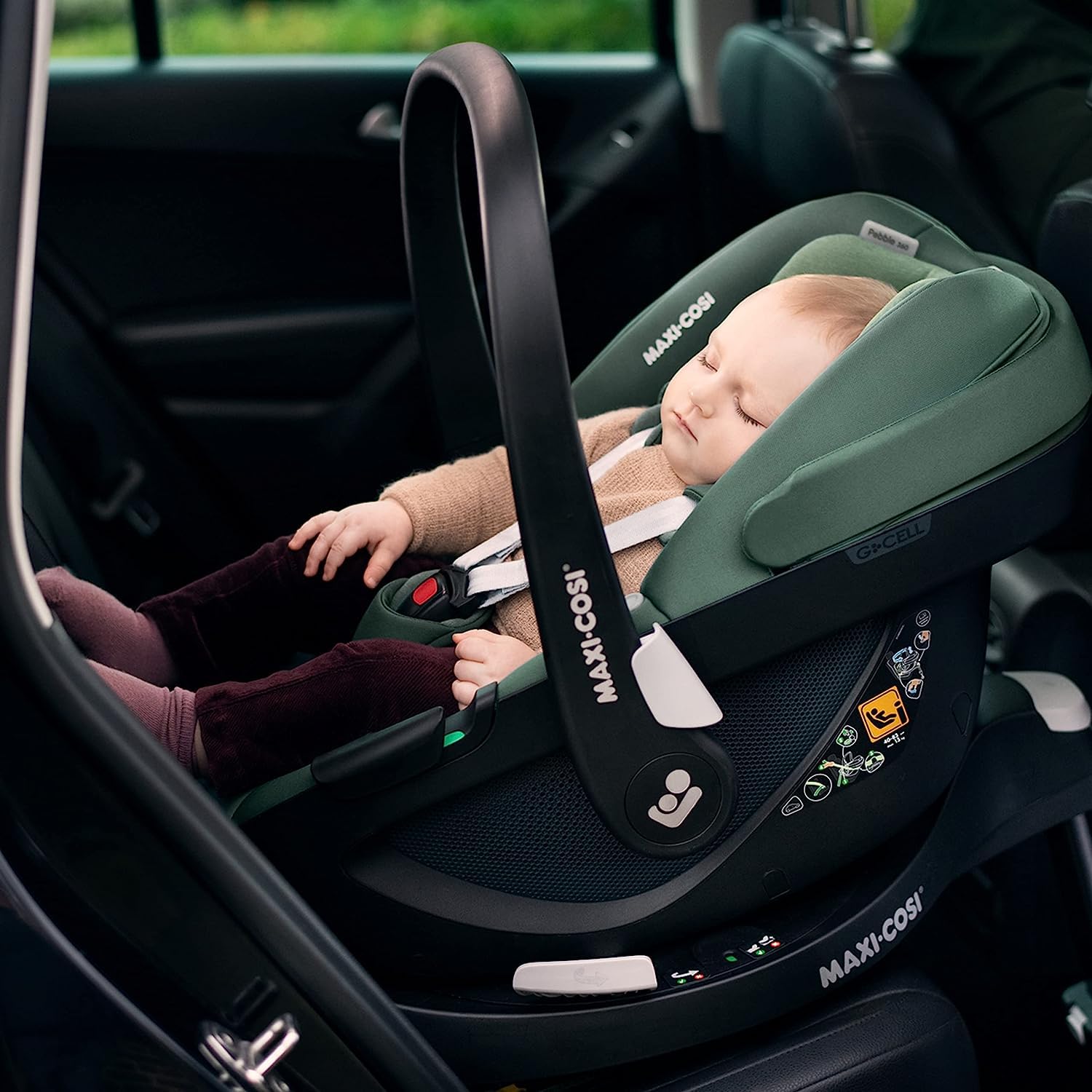 Maxi-Cosi Pebble 360, silla coche bebe i-Size, Silla Coche 360 Recien Nacido con Giro de 360 Grados, 0-15 meses (40-83 cm), ClimaFlow, arnés de apertura y cierre fácil, G-CELL, Essential Green
