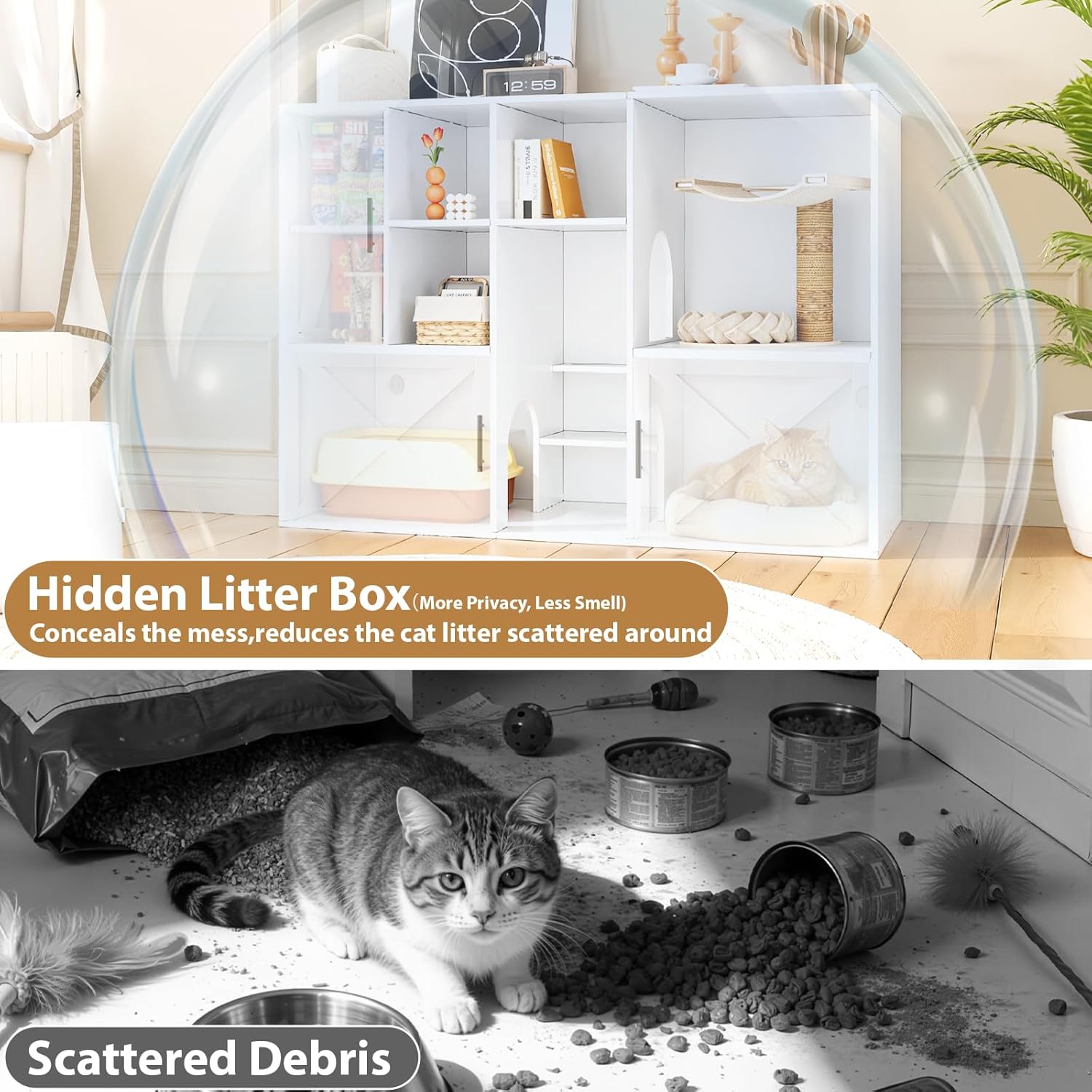 Cat Litter Box Enclosure for 2 Cats, 55" Hidden Litter Box Furniture with Double Room, Open Shelves and Cabinet, Wooden Cat Washroom Furniture for Living Room, Bedroom, Entryway, White