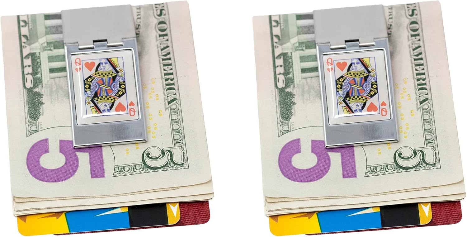 Stephanie Imports Set of 2 Playing Card Themed Chrome-Plated Hinged Stainless Steel Money Clips