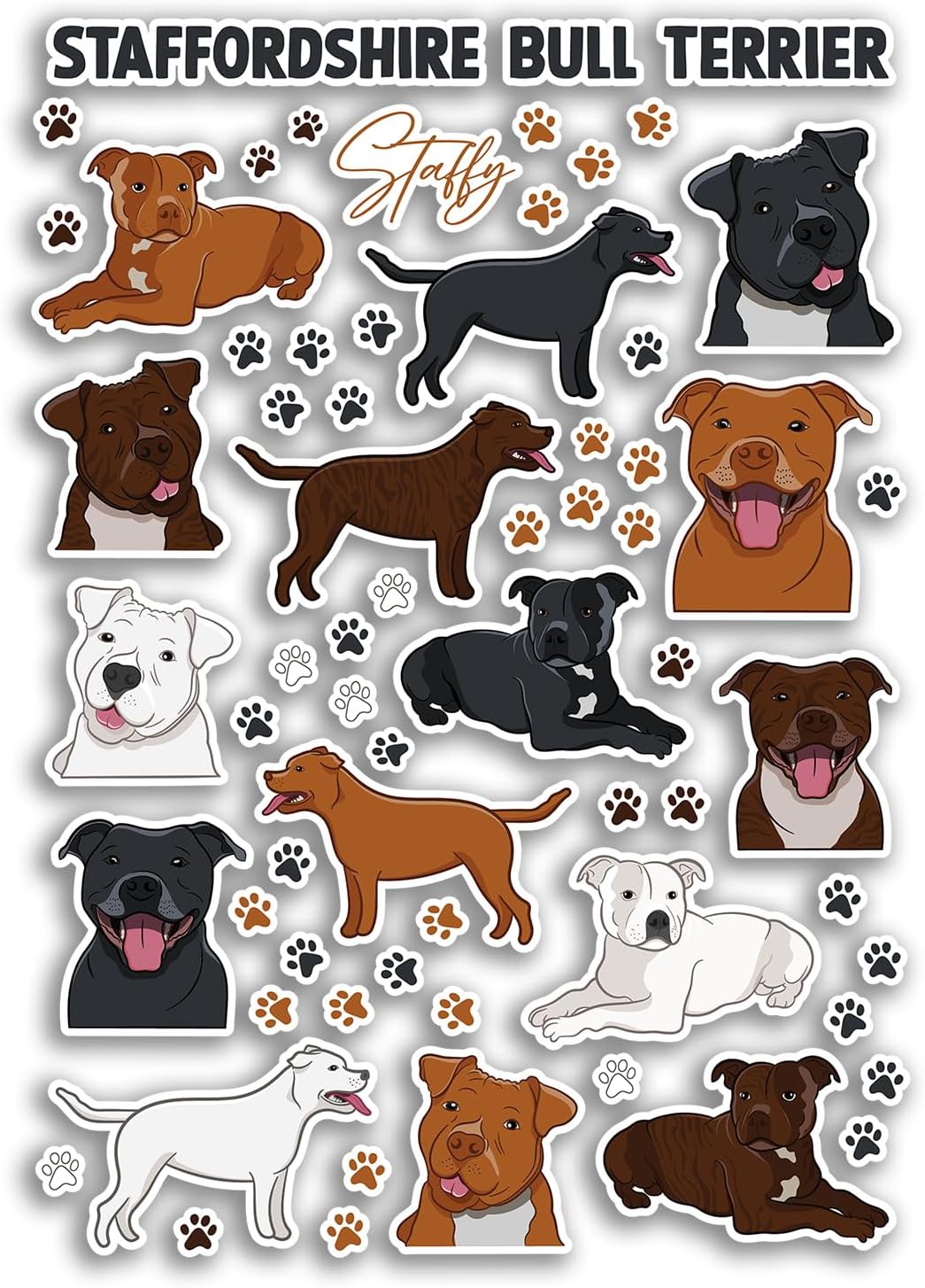 A4 Sticker Sheet Staffy Dog Vinyl Stickers - Staffordshire Bull Terrier Dogs Animal Pets Puppy Cute Cartoon Kids Scrapbooking Gift #81105