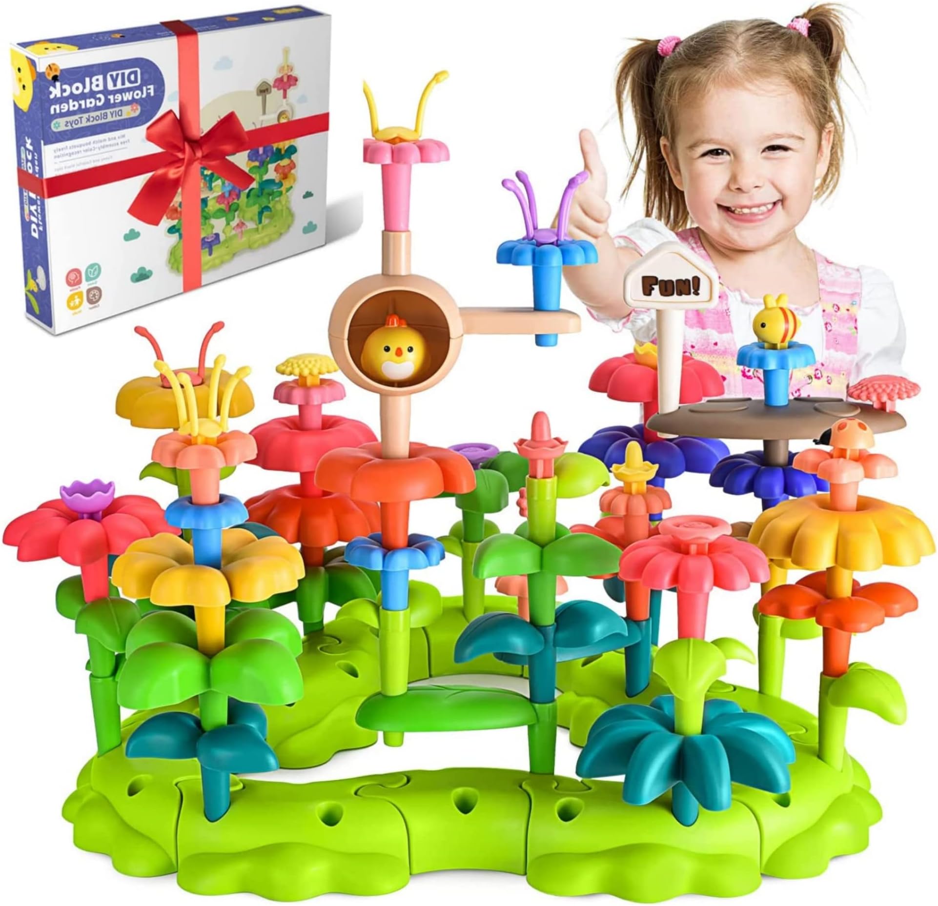 AM ANNA Flower Garden Building Toys for Girls, Toy Building Sets for Toddler Girl Toys, Learning Montessori Toys for 3 6 Year Old Boys, Flower Building Toy Set for Kids(93PCS High)