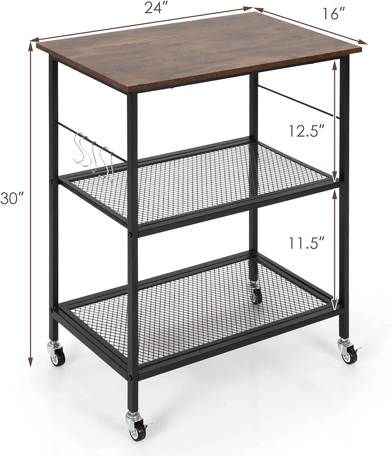 Giantex 3 Tier Kitchen Bakers Rack, Rolling Microwave Cart, Industrial Bar Service Cart, Kitchen Cart on Lockable Universal Wheels, 5 Hooks, Easy Assembly Vintage Brown