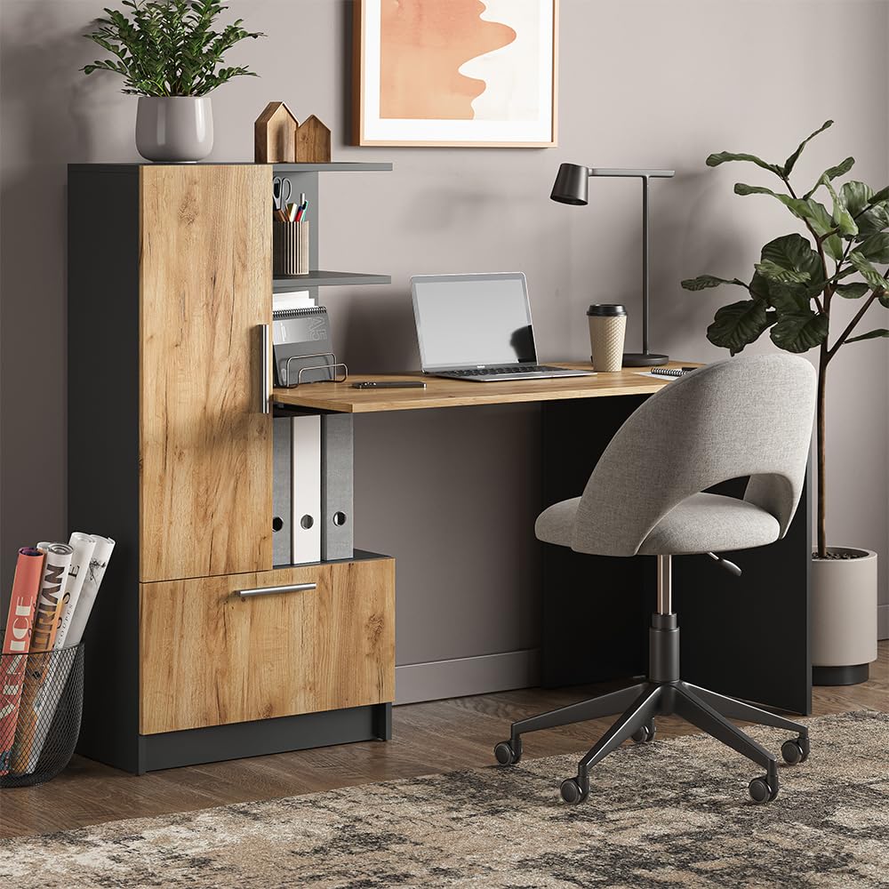 Vicco Bureau Tomy, Anthracite/chêne doré, 150x59cm, avec des espaces de Rangement Ouverts pour Un Stockage organisé