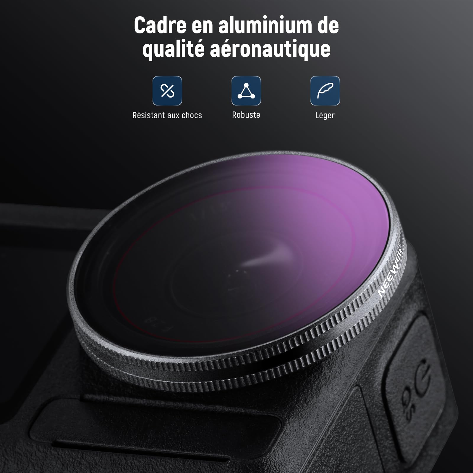 NEEWER Kit de filtres ND à clipser compatible avec DJI Osmo Action 5 Pro/4/3, 4 Pack(ND8 + ND16 + ND32 + CPL). Se fixent sur le cache d'objectif en verre d'origine.Non compatible avec Osmo Nano,FL-A76