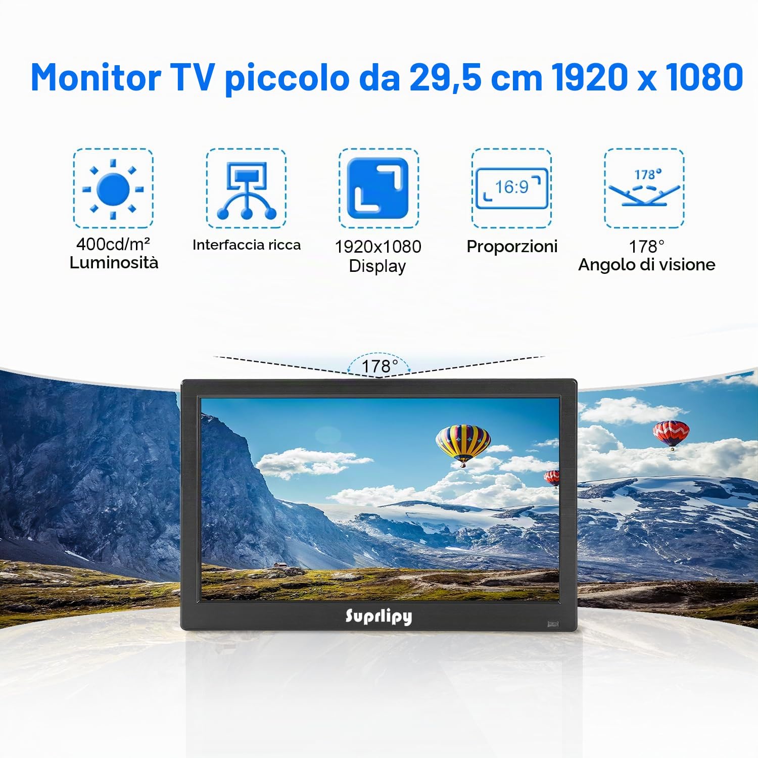 12 pollici FHD Small IPS Monitor LCD Display 1920 x 1080 60 Hz 16:19 con ingresso BNC VGA AV Altoparlante incorporato per telecamera di sicurezza CCTV DVR PC STB console di gioco