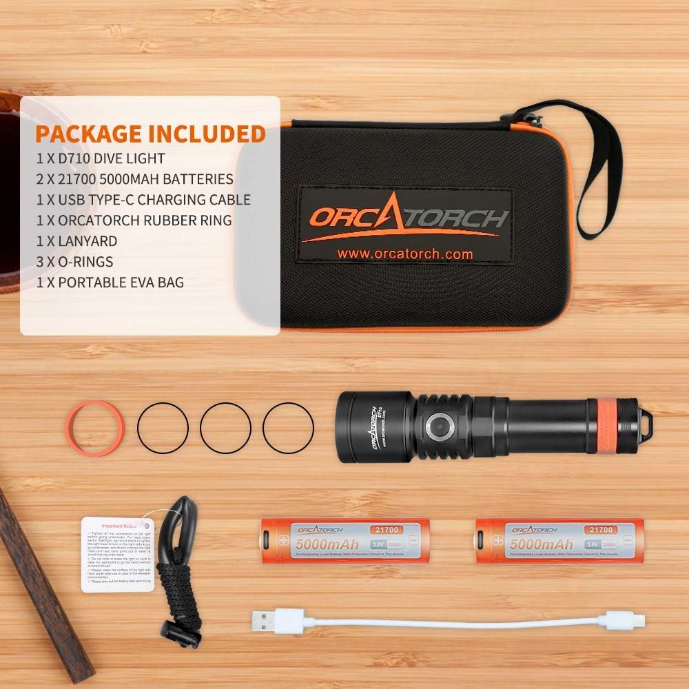 ORCATORCH D710 Scuba Diving Light, 3000 Lumen Underwater Flashlight with 6 Degrees Narrow Beam, IP68 Waterproof Night Dive Torch with Battery Indicator, 2Pcs 21700 Rechargeable Battery Included : Sports & Outdoors