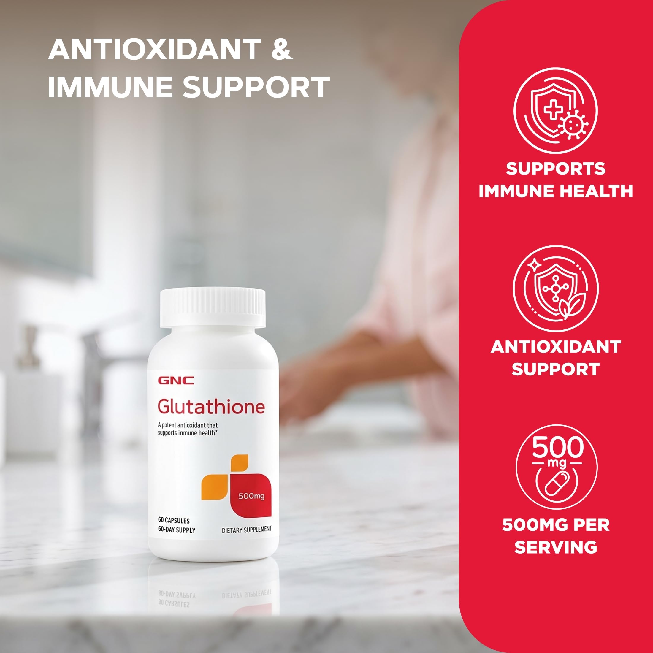 GNC Glutathione 500mg, Antioxidant, Supports Immune Health, 60 Capsules