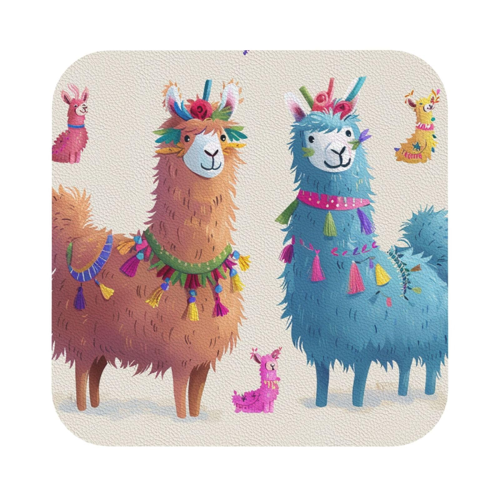 Alpaca Llama Print Leather Coaster Set of 6, Square Coasters Table Decorative Coffee Cup Beverage Coasters Wine Beer Bar Coasters for Hot Drinks Table Protection