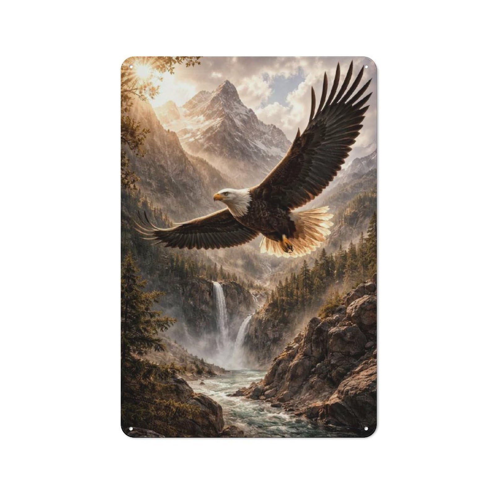 For Hobby Room Or Studio, Majestic Eagle Soars Over Mountain Waterfall Retro-style Tin Sign 30x20cm, for Room Styling Across Hobby Rooms And Studios