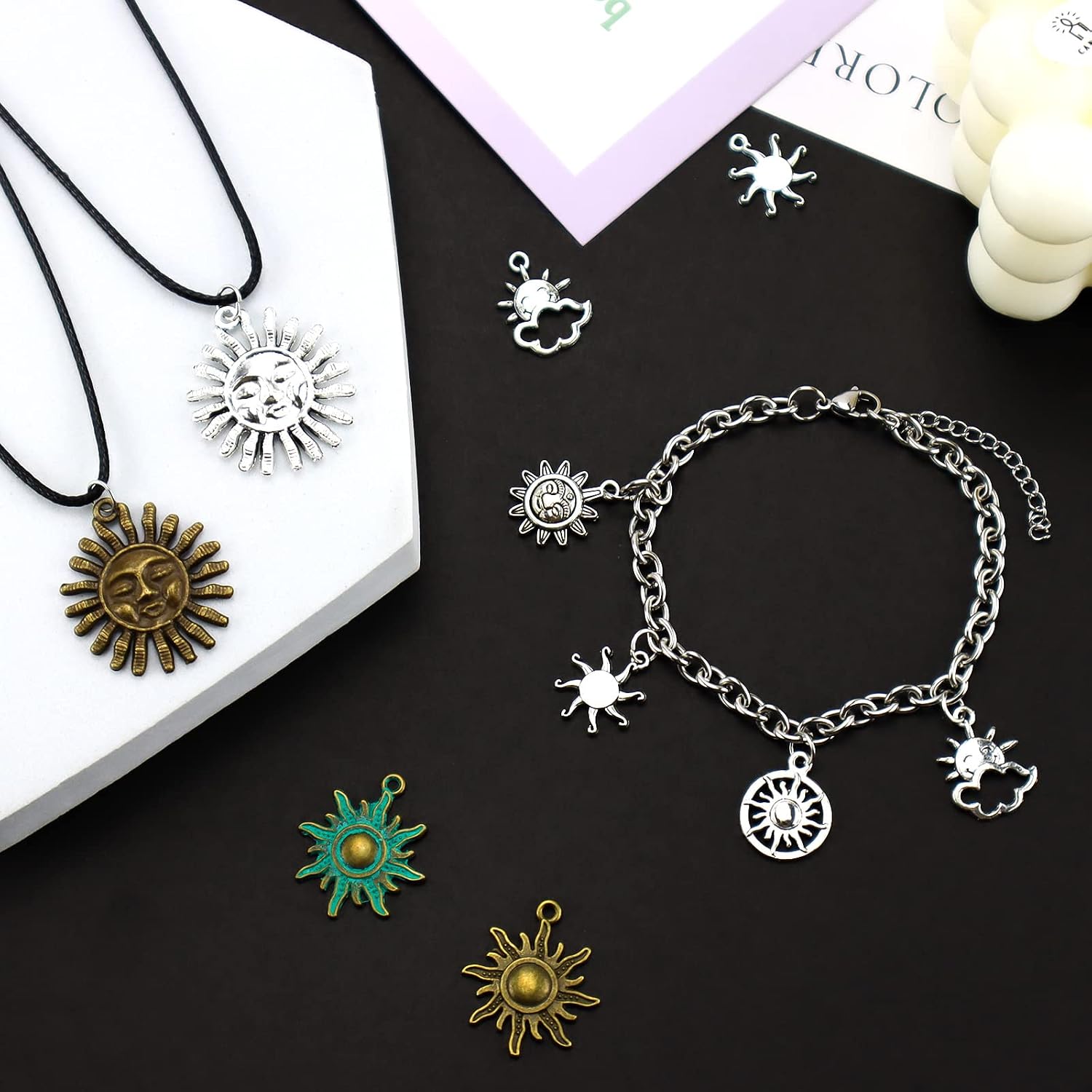 JIALEEY Celestial Sun Charms 42pcs Mixed Antique Gold Silver Bronze Colors Sun Smile Pendants DIY for Necklace Bracelet Jewelry Making