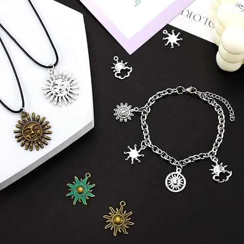 Miniatura 5 de Dijes de sol celestial, 42 piezas mezcladas de oro antiguo plateado bronce colores sol sonrisa colgantes DIY para collares, pulseras y fabricación