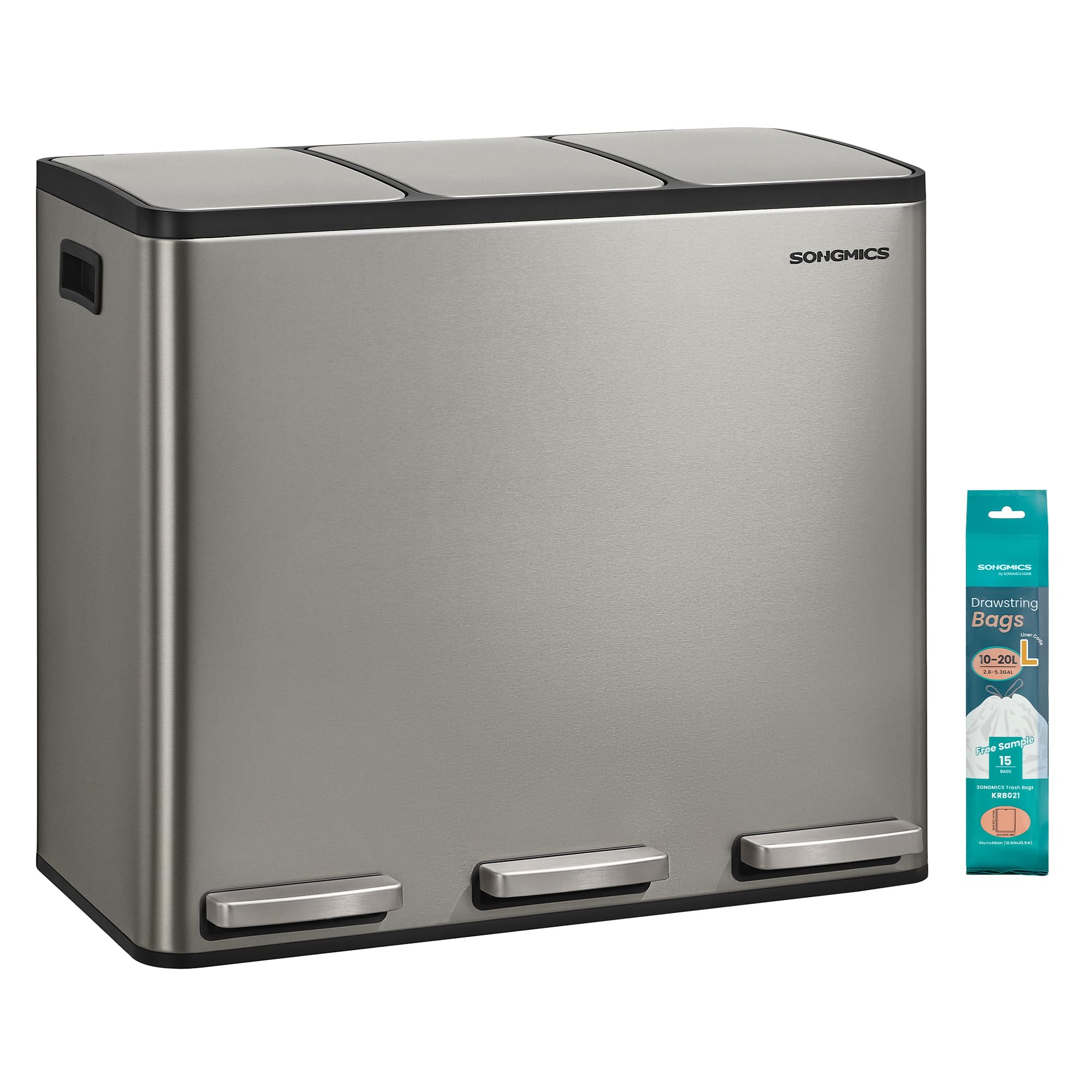 SONGMICS 3 x 4.8 Gallon (3 x 18 L) Kitchen Bin, 2-Compartment Recycling Bin with 15 Rubbish Bags, Removable Inner Buckets, Lid, Handles, Soft Close, Stainless Steel, Silver LTB254EZ01