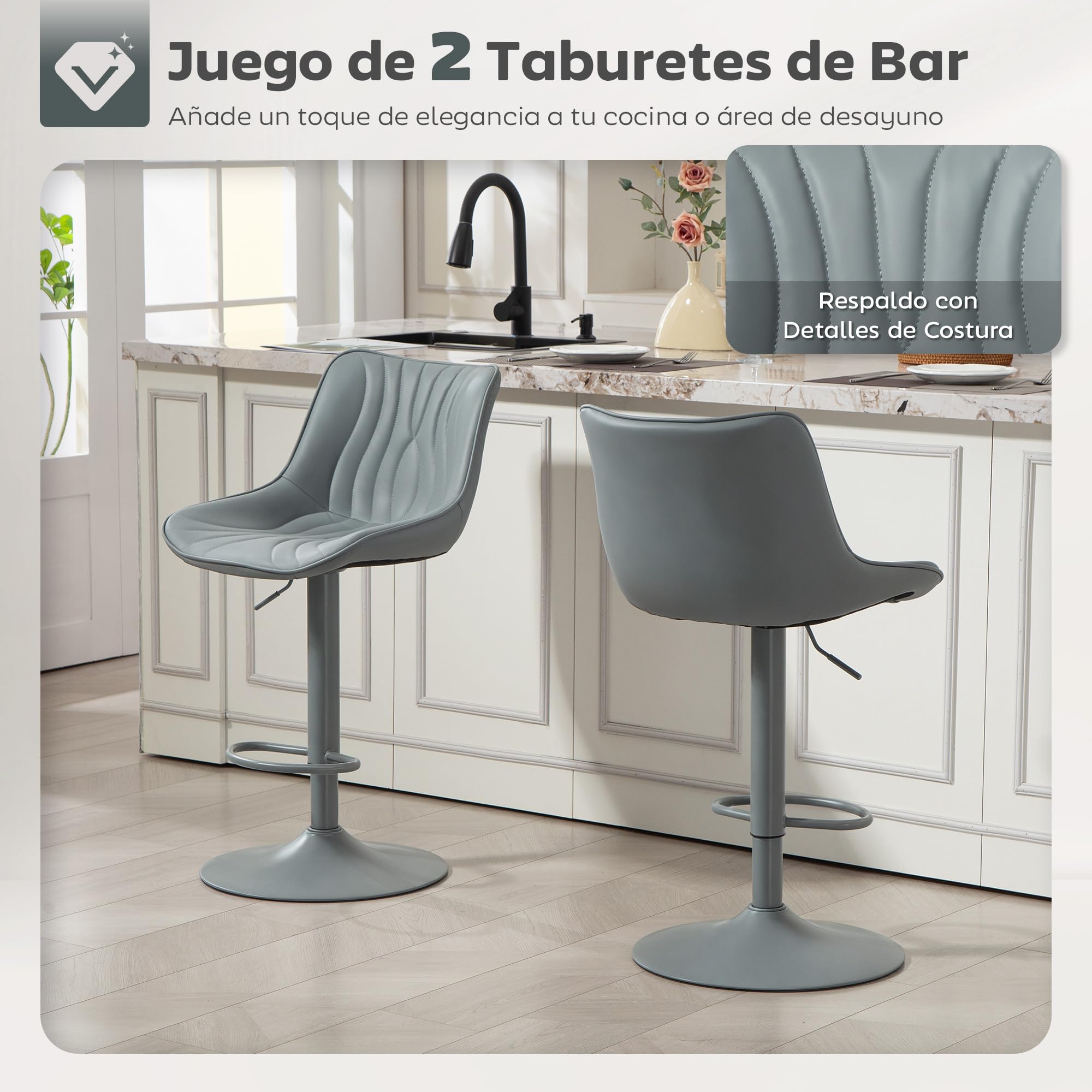 HOMCOM Juego de 2 Taburetes de Bar Taburetes Altos de Cocina Giratorios con Altura Ajustable 92-110 cm Respaldo Asiento de Piel Sintética Marco de Acero y Reposapiés para Comedor Mostrador Gris