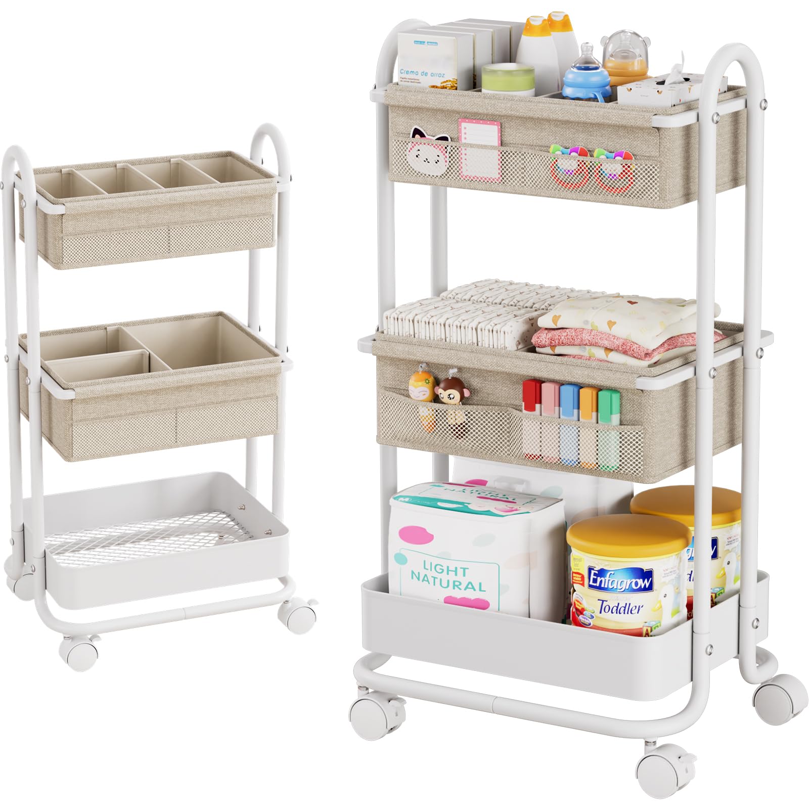 Baby Diaper Caddy Organizer Cart - 3 Tier Rolling Storage Cart with Wheels, Baby Essentials Nursery Storage, Detachable Dividers - for Crib, Bedroom, Art & Craft Organizer (Off White)