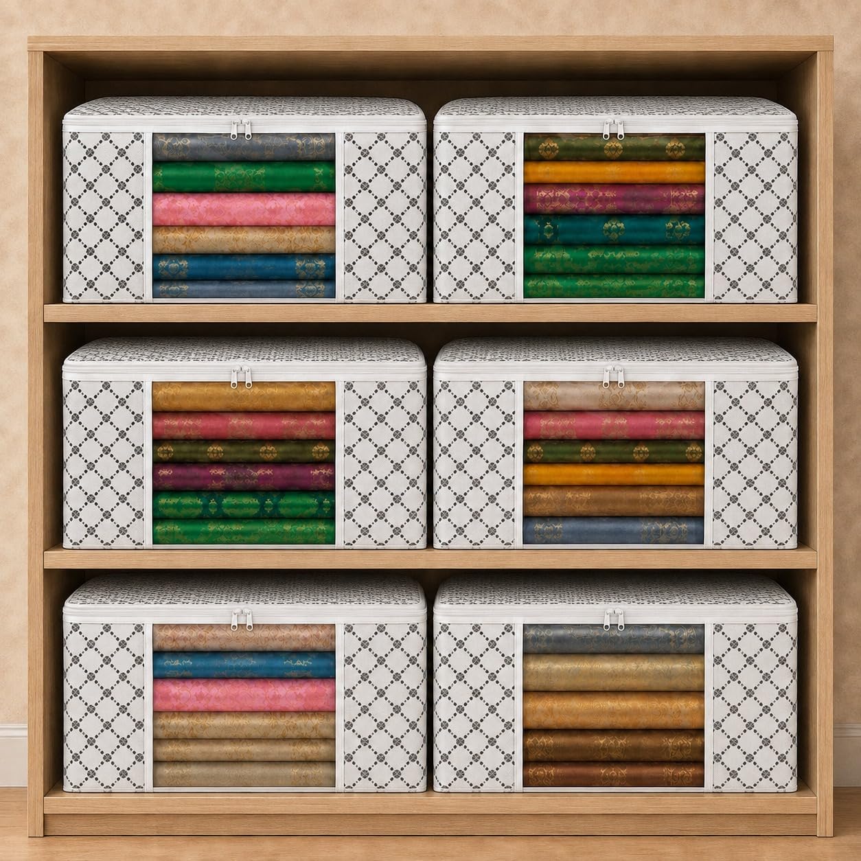VERVENIX Saree Cover Pack of 6, Large Size White Triangle Pattern Clothes Storage Bags with Zipper & Clear Window, Dustproof Wardrobe Organizer for Sarees, Suits, Dresses & Shirts,46.3 x 36 x 22.5 CM